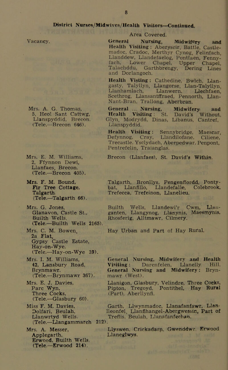 District Nurses/Midwives/Health Visitors—Continued. Vacancy. Mrs. A. G. Thomas, 5, Heol Sant Cattwg, Llanspyddid, Brecon. (Tele.—Brecon 646). Area Covered. General Nursing, Midwifery and Health Visiting : Aberyscir, Battle, Castle- madoc, Cradoc, Merthyr Cynog, Felinfach, Llanddew, Llandefaelog, Ponttaen, Fenny- fach, Lower Chapel, Upper Chapel, Talachddu, Garthbrengy, Dering Lines and Dorlangoch. Health Visting: Cathedine, Bwlch, Llan- gasty, Talyllyn, Llangorse, Llan-Talyllyn, Llanhamlach, Llanwern, Llechfaen, Scethrog, Llansantffraed, Pennorth, Llan- Nant-Bran, Trallong, Aberbran. General ... Nursing, Midwifery and Health Visiting: St. David’s Without, Glyn, Modrydd, Dinas, Libanus, Cantref, Llanspyddid. Health Visiting: Sennybridge, Maescar, Defynnog, Cray, Llandilofane, Ciliene, Trecastle, Ysclydach, Aberpedwar, Penpont, Pentrefelin, Traianglas. Mrs. E. M. Williams, 2, Ffynnon Dewi, Llanfaes, Brecon. (Tele.—Brecon 405). Mrs. F. M. Bound, Fir Tree Cottage, Talgarth. (Tele.—Talgarth 66). Brecon (Llanfaes), St. David’s Within. Talgarth, Bronllys, Pengenffordd, Ponty- bat, Llanfillo, Llandefalle, Colebrook, Trefecca, Trefeinon, Llanelieu. Mrs. G. Jones, Glanavon, Castle St., Builth Wells. (Tele.—Builth Wells 2165). Builth Wells, Llandewi’r Cwm, Llau- ganten, Llangynog, Llanynis, Maesmynis, Rhosferig, Alltmawr, Cilmery. Mrs. C. M. Bowen, Hay Urban and Part of Hay Rural. 2a Flat, Gypsy Castle Estate, Hay-on-Wye. (Tele.—Hay-on-Wye 39). Mrs. I. M. Williams, 42, Lansbury Road, Brynmawr. (Tele.—Brynmawr 367). General Nursing, Midwifery and Health Visiting: Darenfelen, Llanelly Hill. General Nursing and Midwifery: Bryn- mawr (West). Mrs. E. J. Davies, Parc Wyn, Three Cocks, (Tele.—Glasbury 60). Miss F. M. Davies, Dolfari, Beulah, Llanwrtyd Wells. (Tele.—Llangammarch Mrs. A. Messer, Applegarth, Erwood. Builth Wells. (Tele.—Erwood 214). Llanigon, Glasbury, Velindre, Three Cocks, Pipton, Tregoyd, Pontithel, Hay Rural (Part), Aberllynfi. Garth, Llwynmadoc, Llanafanfawr, Llan- lleonfel, Llanfihangel-Abergwessin, Part of Treflis. Beulah. Llanafanfechan. 212). Llyswen, Crickadarp, Gwenddwr. Erwood Llaneglwys.