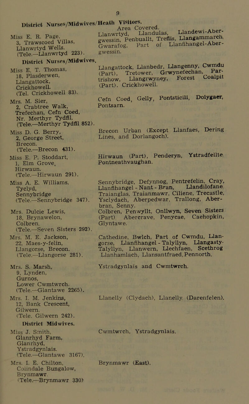 District Nurses/Midwives/Heath Miss E. R. Page “SWU“Sus, SEES£ LnwSdWeS11 ' Gwarafog, Part of Llanffhangel-Abor- (Tele.—Llanwrtyd 223). gwessin. District Nurses/Midwives. Miss E. T. Thomas, 18, Plasderwen, Llangattock, Crickhowell. (Tel. Crickhowell 83). Mrs. M. Sier, 2, Crabtree Walk, Trefechan, Cefn Coed, Nr. Merthyr Tydfil. (Tele.—Merthyr Tydfil 852). Miss D. G. Berry, 2, George Street, Brecon. (Tele.—Brecon 431). Miss E. P. Stoddart, 1, Elm Grove, Hirwaun. (Tele.—Hirwaun 291). Llangattock, Llanbedr, Llangenny, Cwmdu (Part), Tretower, Grwynefechan, Par- trishow, Llangrwyney, Forest Coalpit (Part). Crickhowell. Cefn Coed, Geliy, Pontsticili, Dolygaer, Pontsarn. Brecon Urban (Except Llanfaes, Dering Lines, and Dorlangoch). Hirwaun (Part), Penderyn, Ystradfellte Pontneathvaughan. Miss A. E. Williams. Tyclyd, Sennybridge (Tele.—Sennybridige 347). Mrs. Dulcie Lewis, 18, Brynawelon, Colbren. (Tele.—Seven Sisters 292). Sennybridge, Defynnog, Pentrefelin, Cray, Llanfihangel - Nant - Bran, Llandilofane Traianglas, Traianmawr, Ciliene, Trecastle, Ysclydach, Aberpedwar, Trallong, Aber- bran, Senny. Colbren, Penwyllt, Onllwyn, Seven Sisters (Part) Abercrave, Penycae, Caehopkin, Glyntawe. Mrs. M. E. Jackson, 22, Maes-y-felin, Llangorse, Brecon. (Tele.—Llangorse 281). Cathedine, Bwlch, Part of Cwmdu, Llan- gorse, Llanfihangel - Talyllyn, Llangasty- Talyllyn, Llanwem, Llechfaen, Scethrog Llanhamlach, Llansantfraed, Pennorth. Mrs. S. Marsh, 9, Lynden, Gurnos, Lower Cwmtwrch. (Tele.—Glantawe 2265). Mrs. I. M. Jenkins, 12, Bank Crescent, Gilwern. (Tele. Gilwern 242). District Midwives. Miss J- Smith, Glanrhyd Farm, Glanrhyd, Ystradgynlais. (Tele.—Glantawe 3167). Mrs. I. E. Chilton, Colindale Bungalow, Brynmawr. (Tele.—Brynmawr 330) Ystradgynlais and Cwmtwrch. Llanelly (Clydach), Llanelly (Darenfelen). Cwmtwrch, Ystradgynlais. Brynmawr (East).