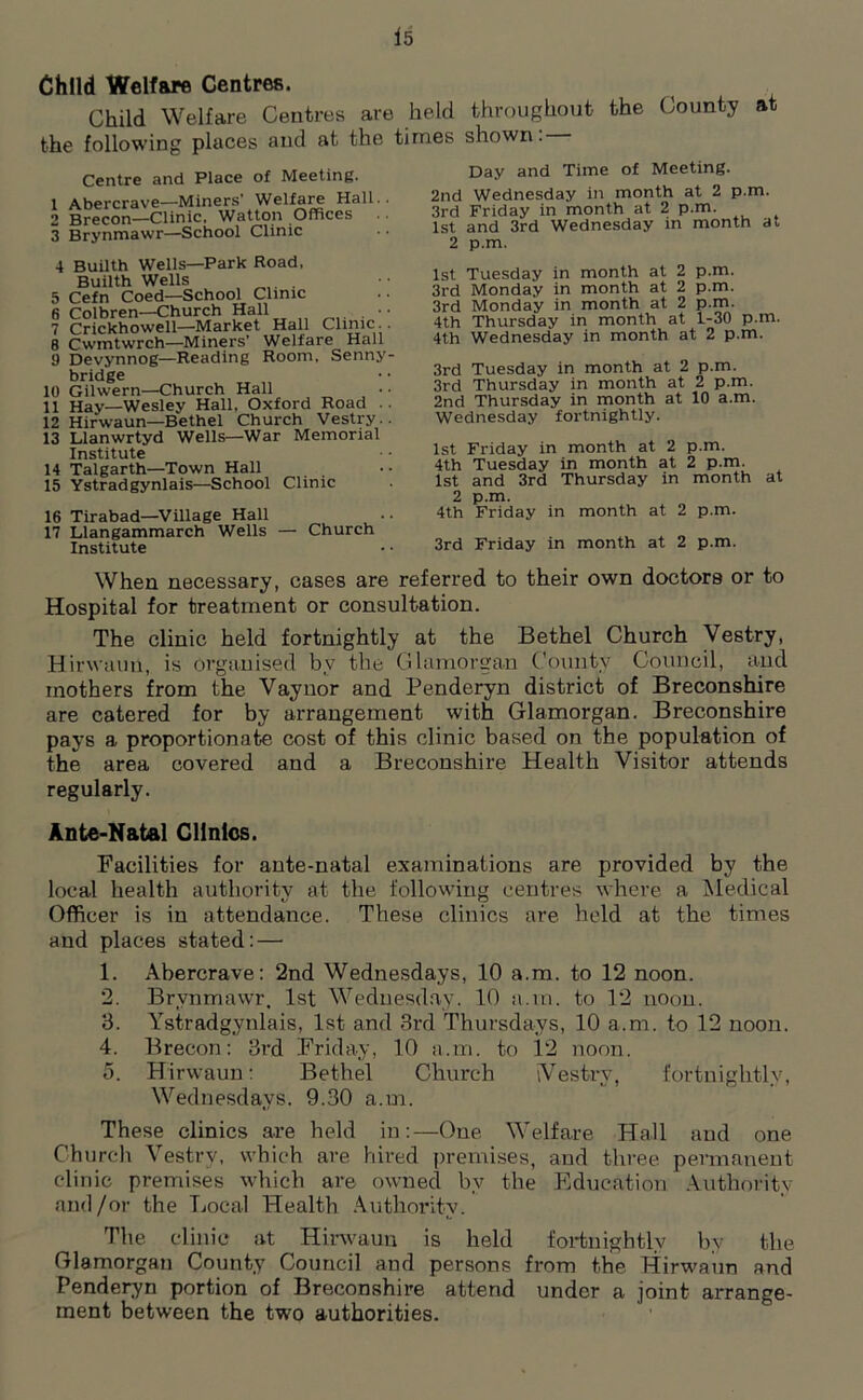 Child Welfare Centres. Child Welfare Centres are held throughout the County at the following places and at the times shown. Centre and Place of Meeting. 1 Abercrave—Miners' Welfare Hall.. 2 Brecon—Clinic. Watton Offices 3 Brynmawr—School Clinic 4 Builth Wells—Park Road, Builth Wells 5 Cefn Coed—School Clinic 6 Colbren—Church Hall . 7 Crickhowell—Market Hall Clinic.. 8 Cwmtwrch—Miners’ Welfare Hall 9 Devynnog—Reading Room. Senny- bridge 10 Gilwern—Church Hall 11 Hay—Wesley Hall, Oxford Road . 12 Hirwaun—Bethel Church Vestry.. 13 Llanwrtyd Wells—War Memorial Institute 14 Talgarth—Town Hall 15 Ystradgynlais—School Clinic 16 Tirabad—Village Hall •• 17 Llangammarch Wells — Church Institute Day and Time of Meeting. 2nd Wednesday in month at 2 p.m. 3rd Friday in month at 2 p.m. 1st and 3rd Wednesday in month at 2 p.m. 1st Tuesday in month at 2 p.m. 3rd Monday in month at 2 p.m. 3rd Monday in month at 2 p.m. 4th Thursday in month at 1-30 p.m. 4th Wednesday in month at 2 p.m. 3rd Tuesday in month at 2 p.m. 3rd Thursday in month at 2 p.m. 2nd Thursday in month at 10 a.m. Wednesday fortnightly. 1st Friday in month at 2 p.m. 4th Tuesday in month at 2 p.m. 1st and 3rd Thursday in month at 2 p.m. 4th Friday in month at 2 p.m. 3rd Friday in month at 2 p.m. When necessary, cases are referred to their own doctors or to Hospital for treatment or consultation. The clinic held fortnightly at the Bethel Church Vestry, Hirwaun, is organised by the Glamorgan County Council, and mothers from the Vaynor and Penderyn district of Breconshire are catered for by arrangement with Glamorgan. Breconshire pays a proportionate cost of this clinic based on the population of the area covered and a Breconshire Health Visitor attends regularly. Ante-Natal Clinics. Facilities for ante-natal examinations are provided by the local health authority at the following centres where a Medical Officer is in attendance. These clinics are held at the times and places stated: — 1. Abercrave: 2nd Wednesdays, 10 a.m. to 12 noon. 2. Brynmawr, 1st Wednesday. 10 a.m. to 12 noon. 3. Ystradgynlais, 1st and 3rd Thursdays, 10 a.m. to 12 noon. 4. Brecon: 3rd Friday, 10 a.m. to 12 noon. 5. Hirwaun: Bethel Church Vestry, fortnightly, Wednesdays. 9.30 a.m. These clinics are held in:—One Welfare Hall and one Church Vestry, which are hired premises, and three permanent clinic premises which are owned by the Education Authority and/or the Local Health Authority. The clinic at Hirwaun is held fortnightly by the Glamorgan County Council and persons from the Hirwaun and Penderyn portion of Breconshire attend under a joint arrange- ment between the two authorities.