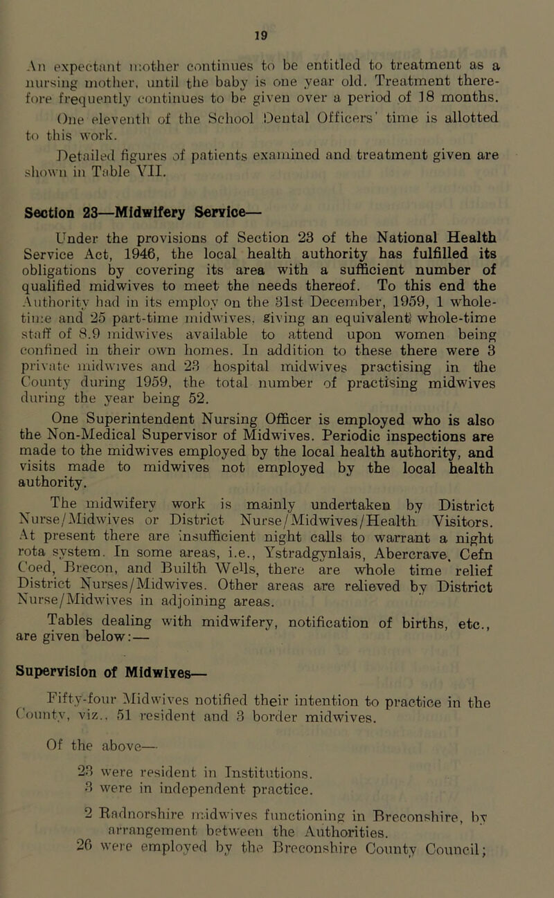 An expectant mother continues to be entitled to treatment as a nursing mother, until the baby is one year old. Treatment there- fore frequently continues to be given over a period of 18 months. One eleventh of the School Dental Officers’ time is allotted to this work. Detailed figures of patients examined and treatment given are shown in Table VII. Section 23—Midwifery Service— Under the provisions of Section 23 of the National Health Service Act, 1946, the local health authority has fulfilled its obligations by covering its area with a sufficient number of qualified midwives to meet the needs thereof. To this end the Authority had in its employ on the 31st December, 1959, 1 whole- time and 25 part-time midwives, giving an equivalent whole-time staff of 8.9 midwives available to attend upon women being confined in their own homes. In addition to these there were 3 private midwives and 23 hospital midwives practising in the County during 1959, the total number of practising midwives during the year being 52. One Superintendent Nursing Officer is employed who is also the Non-Medical Supervisor of Midwives. Periodic inspections are made to the midwives employed by the local health authority, and visits made to midwives not employed by the local health authority. The midwifery work is mainly undertaken by District Nurse/Midwives or District Nurse,/Midwives/Health Visitors. At present there are insufficient night calls to warrant a night rota system. In some areas, i.e., Ystradgvnlais, Abercrave. Cefn Coed, Brecon, and Builth WeUs, there are whole time ’ relief District Nurses/Midwives. Other areas are relieved by District Nurse/Midwives in adjoining areas. Tables dealing with midwifery, notification of births, etc., are given below:— Supervision of Midwives— Fifty-four Midwives notified their intention to practice in the ( minty, viz.. 51 resident and 3 border midwives. Of the above— 23 were resident in Institutions. 3 were in independent practice. 2 Radnorshire midwives functioning in Breconshire, by arrangement between the Authorities. 26 were employed by the Breconshire County Council;