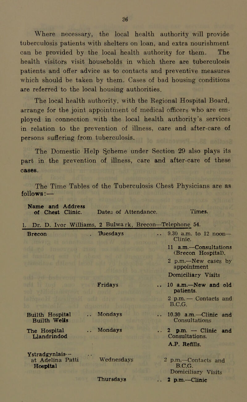 Where necessary, the local health authority will provide tuberculosis patients with shelters on loan, and extra nourishment can be provided by the local health authority for them. The health visitors visit households in which there are tuberculosis patients and offer advice as to contacts and preventive measures which should be taken by them. Cases of bad housing conditions are referred to the local housing authorities. The local health authority, with the Regional Hospital Board, arrange for the joint appointment of medical officers who are em- ployed in connection with the local health authority’s services in relation to the prevention of illness, care and after-care of persons suffering from tuberculosis. The Domestic Help Scheme under Section 29 also plays its part in the prevention of illness, care and after-care of these cases. The Time Tables of the Tuberculosis Chest Physicians are as follows: — Name and Address of Chest Clinic. Dates of Attendance. Times. L Dr. D. Ivor Williams, 2 Bulwark, Brecon—Telephone 54. Brecon . Huesdays .. 9.30 a.m. to 12 noon— Clinic. 11 a.m.—Consultations (Brecon Hospital). 2 p.m.—New cases by appointment Domiciliary Visits Fridays .. 10 a.m.—New and old patients. 2 p.m.— Contacts and B.C.G. Builth Hospital .. Mondays .. 10.30 a.m.—Clinic and Builth Wells Consultations The Hospital .. Mondays .. 2 p.m. — Clinic and Llandrindod Consultations. A.P. Refills. Ystradgynlais-- , , at Adelina Patti Wednesdays 2 p.m.—Contacts and Hospital B.C.G. Domiciliary Visits