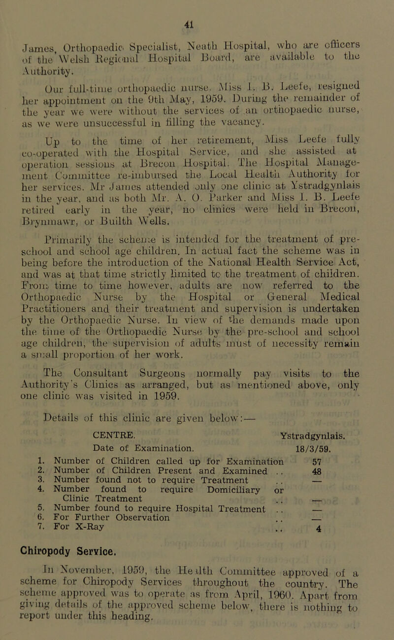 James, Orthopaedic. Specialist, Neath Hospital, who are officers of the W elsh Regional Hospital Board, are available to the Authority. Our full-time orthopaedic nurse. Miss 1. B. Leefe, resigned her appointment on the 9th May, 1959. During the remainder of the year we were without the services of an orthopaedic nurse, as we were unsuccessful in tilling the vacancy. Up to the time of her retirement, Miss Leefe fully- co-operated with the Hospital Service, and she assisted at operation sessions at Brecon Hospital. The Hospital Manage- ment Committee re-imbursed the Local Health. Authority for her services. Mr James attended only one clinic at Ystradgynlais in the year, and as both Mr. A. O. Barker and Miss 1. B. Leefe retired early in the year, no clinics were held in Brecon, Brynmawr, or Builth Wells. Primarily the scheme is intended for the treatment of pre- school and school age children. In actual fact the scheme was in being before the introduction of the National Health Service Act, and was at that time strictly limited to the treatment of children. From time to time however, adults are now referred to the Orthopaedic Nurse by the Hospital or General Medical Practitioners and their treatment and supervision is undertaken by the Orthopaedic Nurse. In view of the demands made upon the time of the Orthopaedic Nurse by the pre-school and school age children, the supervision of adults must of necessity remain a small proportion of her work. The Consultant Surgeons normally pay visits to the Authority’s Clinics as arranged, but as mentioned above, only one clinic was visited in 1959. Details of this clinic are given below: — CENTRE. Ystradgynlais. Date of Examination. 18/3/59. 1. Number of Children called up for Examination 57 2. Number of Children Present and Examined .. 48 3. Number found not to require Treatment .. — 4. Number found to require Domiciliary or Clinic Treatment .. 5. Number found to require Hospital Treatment .. — 6. For Further Observation .. 7. For X-Ray .. 4 Chiropody Service. Ju November, 1959, the He iltli Committee approved of a scheme for Chiropody Services throughout the eountr-y. The scheme approved was to operate as from April, I960. Apart from giving details of the approved scheme below, there is nothing to report under this heading.