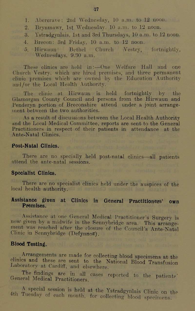 1. Abercrave: 2nd Wednesday, 10 a.rn. to 12 noon. 2. Brvnmawr, 1st Wednesday. 10 a.in. to 12 noon. 3. Ystradgynlais, 1st and 3rd Thursdays, 10 a.m. to 12 noon. 4. Brecon: 3rd Friday, 10 a.rn. to 12 noon. 5. Hirwauu: Bethel Church {Vestry, fortnightly, Wednesdays. 9.30 a.rn. These clinics are held in:—One Welfare Hall and one Church Vestry, which are hired premises, and three permanent clinic premises which are owned by the Education Authority and/or the Local Health Authority. The clinic at Hirwaun is held fortnightly by the Glamorgan County Council and persons from the Hirwaun and Penderyn portion of Breconshire attend under a joint arrange- ment between the two authorities. As a result of discussions between the Local Health Authority and the Local Medical Committee, reports are sent to the General Practitioners in respect of their patients in attendance at the Ante-Natal Clinics. Post-Natal Clinics. There are no specially held post-natal clinics—all patients attend the ante-natal sessions. Specialist Clinics. There are no specialist clinics held under the auspices of the local health authority. Assistance given at Clinics in General Practitioners’ own Premises. Assistance at one General Medical Practitioner’s Surgery is now given bv a midwife in the Sennybridge area. This arrange- ment was reached after the closure of the Council’s Ante-Natal Clinic in Sennybridge (Defynnog). Blood Testing. Arrangements are made for collecting blood specimens at the climes and these are sent to the National Blood Transfusion Laboratory at Cardiff, and elsewhere. Ge„e^l%fedtTp^titnei.CaSeS 4*1. m sptjcial session is held at the Ystradgvnlais Clinic on the 4th Tuesda.y of each month, for collecting blood specimens.