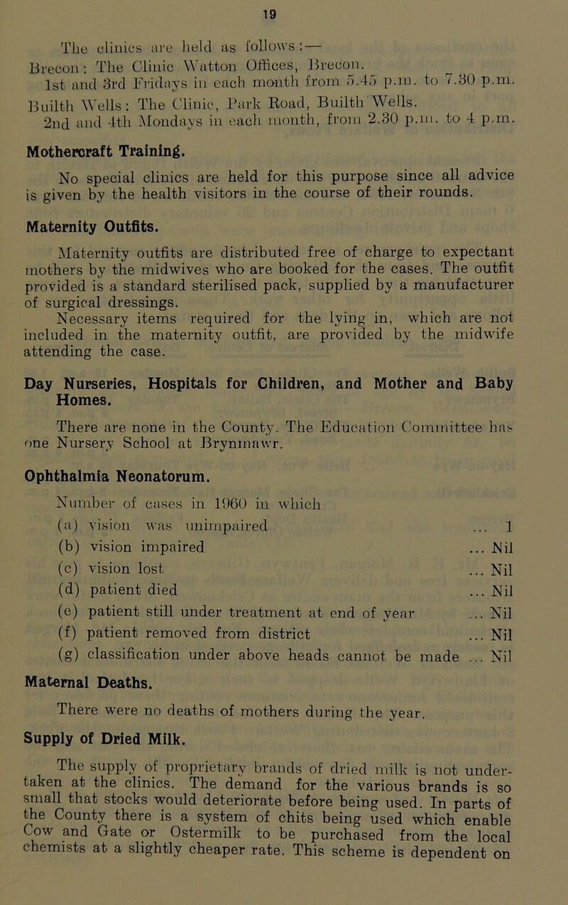 The clinics are held as follows: — Brecon: The Clinic Watton Offices, Brecon. 1st and 3rd Fridays in each month from 5.4,') p.m. to 7.30 p.m. Builth Wells: The Clinic, Park Road, Builth Wells. 2nd and 4th Mondays in each month, from 2.30 p.m. to 4 p.m. Motheroraft Training. No special clinics are held for this purpose since all advice is given by the health visitors in the course of their rounds. Maternity Outfits. Maternity outfits are distributed free of charge to expectant mothers by the midwives who are booked for the cases. The outfit provided is a standard sterilised pack, supplied by a manufacturer of surgical dressings. Necessary items required for the lying in, which are not included in the maternity outfit, are provided by the midwife attending the case. Day Nurseries, Hospitals for Children, and Mother and Baby Homes. There are none in the County. The Education Committee has one Nursery School at Brynmawr. Ophthalmia Neonatorum. Number of cases in 1960 in which (a) vision was unimpaired ... 1 (b) vision impaired ... Nil (c) vision lost ... Nil (d) patient died ... Nil (e) patient still under treatment at end of year ... Nil (f) patient removed from district ... Nil (g) classification under above heads cannot be made ... Nil Maternal Deaths. There were no deaths of mothers during the year. Supply of Dried Milk. The supply, of proprietary brands of dried milk is not under- taken at the clinics. The demand for the various brands is so small that stocks would deteriorate before being used. In parts of the County there is a system of chits being used which enable Cow and Gate or Ostermilk to be purchased from the local chemists at a slightly cheaper rate. This scheme is dependent on
