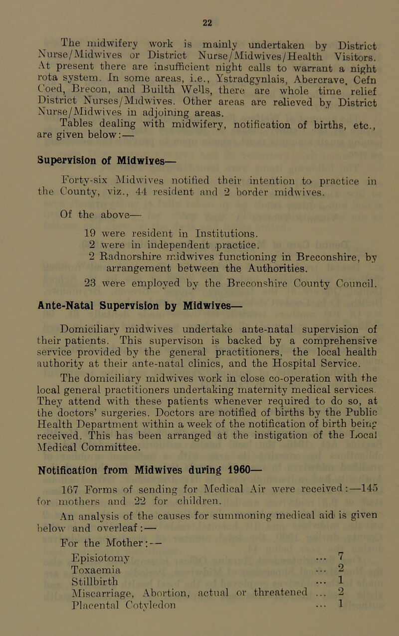 The midwifery work is mainly undertaken by District Nurse/Mid wives or District Nurse/Midwives/Health Visitors. At present there are insufficient night calls to warrant a night rota system. In some areas, i.e., Ystradgynlais, Abercrave. Cefn Coed, Brecon, and Builth Weds, there are whole time ' relief District Nurses/Midwives. Other areas are relieved by District Nurse/Midwives in adjoining areas. Tables dealing with midwifery, notification of births, etc., are given below: — Supervision of Midwives— Forty-six Midwives notified their intention to practice in the County, viz., 44 resident and 2 border midwives. Of the above— 19 were resident in Institutions. 2 were in independent practice. 2 Radnorshire midwives functioning in Breconshire, by arrangement between the Authorities. 23 were employed by the Breconshire County Council. Ante-Natal Supervision by Midwives— Domiciliary midwives undertake ante-natal supervision of their patients. This supervison is backed by a comprehensive service provided by the general practitioners, the local health authority at their ante-natal clinics, and the Hospital Service. The domiciliary midwives work in close co-operation with the local general practitioners undertaking maternity medical services. They attend with these patients whenever required to do so, at the doctors’ surgeries. Doctors are notified of births by the Public Health Department within a week of the notification of birth being received. This has been arranged at the instigation of the Local Medical Committee. Notification from Midwives during 1960— 107 Forms of sending for Medical Air were received:—14o for mothers and 22 for children. An analysis of the causes for summoning medical aid1 is given below and overleaf: — For the Mother; — Episiotomy Toxaemia Stillbirth Miscarriage, Abortion, actual or threatened . Placental Cotyledon