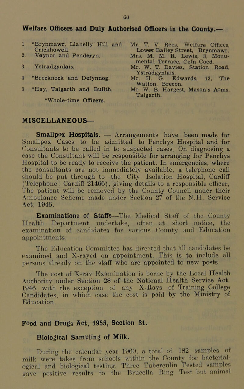 cu Welfare Officers and Duly Authorised Officers in the County.— 1 'Brynmawr, Llanelly Hill and Crickhowell 2. Vaynor and Penderyn. 3 Ystradgynlais. 4 * Brecknock and Defynnog. 5 *Hay, Talgarth and Builth. *Whole-time Officers. Mr. T. V. Rees, Welfare Offices, Lower Bailey Street, Brynmawr. Mrs. M. M. R. Lewis, 3, Monu- mental Terrace, Cefn Coed. Mr. W. T. Davies, Station Road, Ystradgynlais. Mr. H. G. Edwards, 13, The Watton, Brecon. Mr W. B. Hargest, Mason’s Arms, Talgarth. MISCELLANEOUS— Smallpox Hospitals. — Arrangements have been made for Smallpox Cases to be admitted to Penrhys Hospital and for Consultants to be called in to suspected cases. On diagnosing a case the Consultant will be responsible for arranging for Penrhys Hospital to be ready to receive the patient. In emergencies, where the consultants are not immediately available, a telephone call should be put through to the City Isolation Hospital, Cardiff (Telephone: Cardiff 21466), giving details to a responsible officer, The patient will be removed by the County Council under their Ambulance Scheme made under Section 27 of the N.H. Service Act, 1946. Examinations of Staffs—The Medical Staff of the County Health Department undertake, often at short notice, the examination of candidates for various County and Education appointments. The Education Committee has directed that all candidates be examined and X-rayed on appointment. This is to include all persons already on the staff who are appointed to new posts. The cost of X-rav Examination is borne by the Local Health Authority under Section 28 of the National Health Service Act, 1946, with the exception of any X-Rays of Training College Candidates, in which case the cost is paid by the Ministry of Education. Food and Drugs Act, 1955, Section 31. Biological Sampling of Milk. During the calendar year 1960, a total of 182 samples of milk were takes from schools within the County for bacteriol- ogical and biological testing. Three Tuberculin Tested samples gave positive results to the Rrucella Ring Test but animal