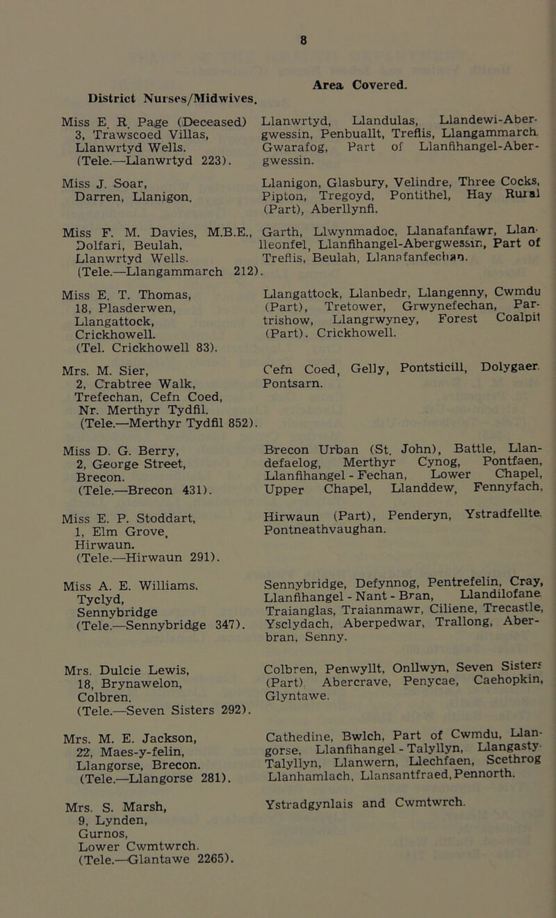 District Nurses/Midwives. Area Covered. Miss E. R. Page (Deceased) 3, Trawscoed Villas, Llanwrtyd Wells. (Tele.—Llanwrtyd 223). Llanwrtyd, Llandulas, Llandewi-Aber- gwessin, Penbuallt, Treflis, Llangammarch. Gwarafog, Part of Llanfihangel-Aber- gwessin. Miss J. Soar, Darren, Llanigon. Llanigon, Glasbury, Velindre, Three Cocks, Pipton, Tregoyd, Pontithel, Hay Rural (Part), Aberllynfi. Miss F. M. Davies, M.B.E., Garth, Llwynmadoc, Llanafanfawr, Llan- Dolfari, Beulah. lleonfel, Llanfihangel-Abergwessm, Part of Llanwrtyd Wells. Treflis, Beulah, Llanafanfechao. (Tele.—Llangammarch 212). Miss E. T. Thomas, 18, Plasderwen, Llangattock, Crickhowell. (Tel. Crickhowell 83). Llangattock, Llanbedr, Llangenny, Cwmdu (Part), Tretower, Grwynefechan, Par- trishow, Llangrwyney, Forest Coalpit (Part). Crickhowell. Mrs. M. Sier, Cefn Coed, Geliy, Pontsticill, Dolygaer. 2, Crabtree Walk, Pontsarn. Trefechan, Cefn Coed, Nr. Merthyr Tydfil. (Tele—Merthyr Tydfil 852). Miss D. G. Berry, 2, George Street, Brecon. (Tele.—Brecon 431). Brecon Urban (St. John), Battle, Llan- defaelog, Merthyr Cynog, Pontfaen, Uanfihangel - Fechan, Lower Chapel, Upper Chapel, Llanddew, Fennyfach, Miss E. P. Stoddart, Hirwaun (Part), Penderyn, Ystradfelite. 1, Elm Grove, Pontneathvaughan. Hirwaun. (Tele.—Hirwaun 291). Miss A. E. Williams. Tyclyd, Sennybridge (Tele.—Sennybridge 347). Sennybridge, Defynnog, Pentrefelin, Cray, Llanfihangel - Nant - Bran, Llandilofane Traianglas, Traianmawr, Ciliene, Trecastle, Ysclydach, Aberpedwar, Trallong, Aber- bran, Senny. Mrs. Dulcie Lewis, 18, Brynawelon, Colbren. (Tele.—Seven Sisters 292). Colbren, Penwyllt, Onllwyn, Seven Sisters (Part) Abercrave, Penycae, Caehopkin, Glyntawe. Mrs. M. E. Jackson, 22, Maes-y-felin, Llangorse, Brecon. (Tele.—Llangorse 281). Cathedine, Bwlch, Part of Cwmdu, Llan- gorse, Llanfihangel - Talyllyn, Llangasty Talyllyn, Llanwern, Llechfaen, Scethrog Llanhamlach, Llansantfraed, Pennorth. Mrs. S. Marsh, Ystradgynlais and Cwmtwrch. 9, Lynden, Gurnos, Lower Cwmtwrch. (Tele.—Glantawe 2265).