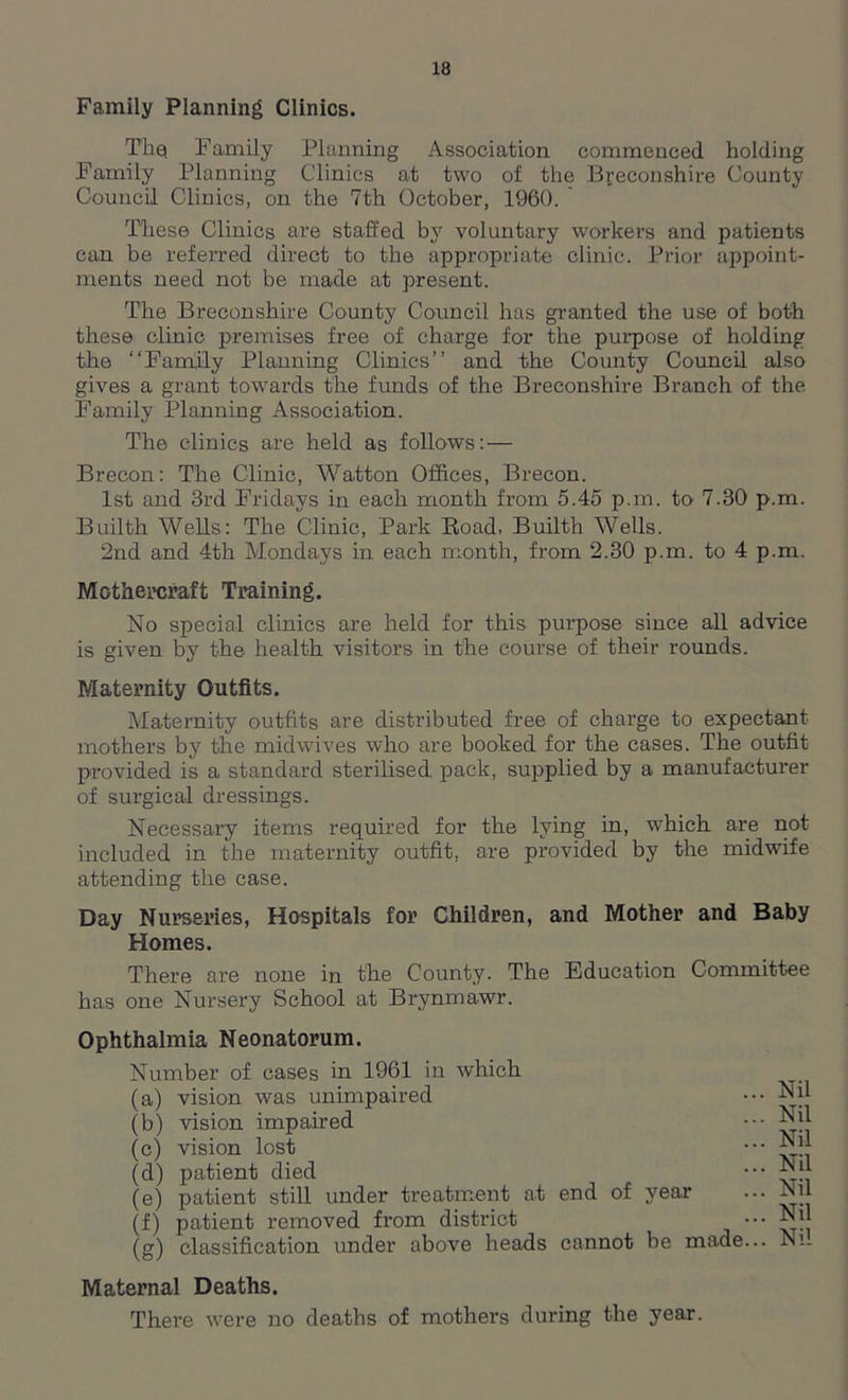 Family Planning Clinics. The Family Planning Association commenced holding Family Planning Clinics at two of the Breconshire County Council Clinics, on the 7th October, I960. These Clinics are staffed by voluntary workers and patients can be referred direct to the appropriate clinic. Prior appoint- ments need not be made at present. The Breconshire County Council has granted the use of both these clinic premises free of charge for the purpose of holding the “Family Planning Clinics’’ and the County Council also gives a grant towards the funds of the Breconshire Branch of the Family Planning Association. The clinics are held as follows: — Brecon: The Clinic, Watton Offices, Brecon. 1st and 3rd Fridays in each month from 5.45 p.m. to 7.30 p.m. Builth Wells: The Clinic, Park Road, Builth Wells. 2nd and 4th Mondays in each month, from 2.30 p.m. to 4 p.m. Mothercraft Training. No special clinics are held for this purpose since all advice is given by the health visitors in the course of their rounds. Maternity Outfits. Maternity outfits are distributed free of charge to expectant mothers by the midwives who are booked for the cases. The outfit provided is a standard sterilised, pack, supplied by a manufacturer of surgical dressings. Necessary items required for the lying in, which, are not included in the maternity outfit, are provided by the midwife attending the case. Day Nurseries, Hospitals for Children, and Mother and Baby Homes. There are none in the County. The Education Committee has one Nursery School at Brynmawr. Ophthalmia Neonatorum. Number of cases in 1961 in which (a) vision was unimpaired (b) vision impaired (c) vision lost (d) patient died (e) patient still under treatment at end of year (f) patient removed from district (g) classification under above heads cannot be made . Nil . Nil . Nil . Nil . Nil . Nil . Nii- Maternal Deaths. There were no deaths of mothers during the year.