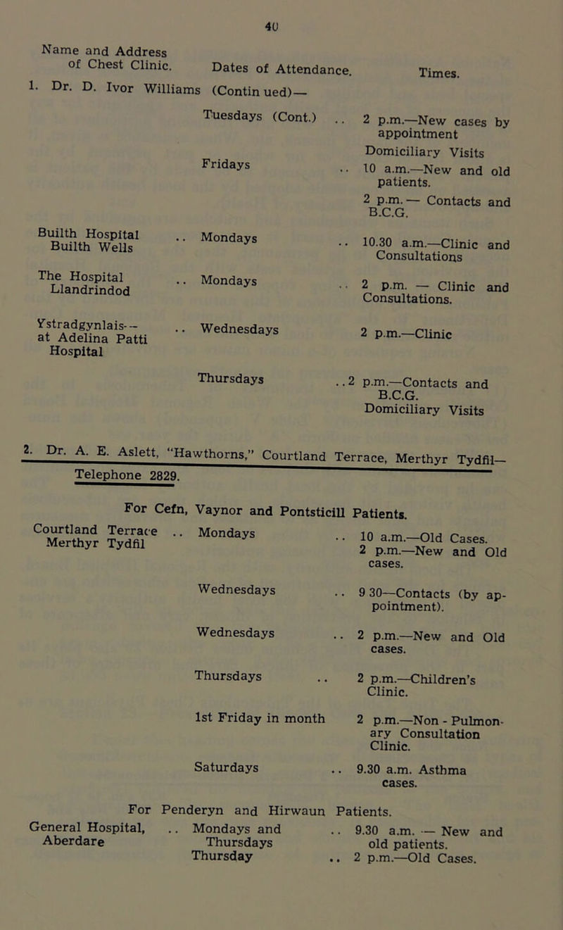 Name and Address of Chest Clinic. Dates of Attendance. 1. Dr. D. Ivor Williams (Continued)— Times. Tuesdays Fridays Builth Hospital .. Mondays Builth Wells The Hospital .. Mondays Llandrindod (Cont.) .. 2 p.m.—New cases by appointment Domiciliary Visits .. 10 a.m.—New and old patients. 2 p.m. — Contacts and B.C.G. 10.30 a.m.—Clinic and Consultations 2 p.m. — Clinic and Consultations. Vstradgynlais— at Adelina Patti Hospital .. Wednesdays 2 p.m.—Clinic Thursdays .. 2 p.m.—Contacts and B.C.G. Domiciliary Visits 2. Dr. A. E. Aslett, “Hawthorns, Courtland Terrace, Merthyr Tydfil- Telephone 2829. ““ '  For Cefn, Vaynor and Pontsticill Courtland Terrac e .. Mondays Merthyr Tydfil Patients. 10 a.m.—Old Cases. 2 p.m.—New and Old cases. Wednesdays 9 30—Contacts (by ap- pointment). Wednesdays 2 p.m.—New and Old cases. Thursdays 2 p.m.—Children’s Clinic. 1st Friday in month 2 p.m.—Non - Pulmon- ary Consultation Clinic. Saturdays 9.30 a.m. Asthma cases. For Penderyn and Hirwaun Patients. General Hospital, .. Mondays and .. 9.30 a.m. — New and Aberdare Thursdays old patients. Thursday .. 2 p.m.—Old Cases.