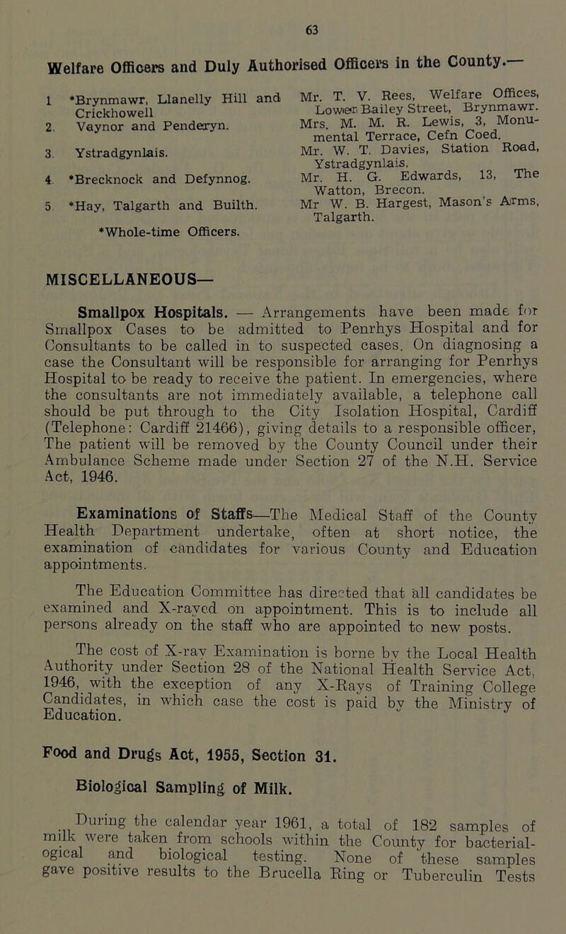 Welfare Officers and Duly Authorised Officers in the County. 1 ’Brynmawr, Llanelly Hill and Mr. T-_Y;_ Ree^^WeltMe Crickhowell 2. Vaynor and Pendexyn. 3 Ystradgynlais. 4 ’Brecknock and Defynnog. 5 ’Hay, Talgarth and Builth. ’Whole-time Officers. MISCELLANEOUS— Smallpox Hospitals. — Arrangements have been made for Smallpox Cases to be admitted to Penrhys Hospital and for Consultants to be called in to suspected cases. On diagnosing a case the Consultant will be responsible for arranging for Penrhys Hospital to be ready to receive the patient. In emergencies, where the consultants are not immediately available, a telephone call should be put through to the City Isolation Hospital, Cardiff (Telephone: Cardiff 21466), giving details to a responsible officer, The patient will be removed by the County Council under their Ambulance Scheme made under Section 27 of the N.H. Service Act, 1946. Examinations of Staffs—The Medical Staff of the County Health Department undertake, often at short notice, the examination of candidates for various County and Education appointments. The Education Committee has directed that all candidates be examined and X-ravcd on appointment. This is to include all persons already on the staff who are appointed to new posts. The cost of X-ray Examination is borne bv the Local Health Authority under Section 28 of the National Health Service Act, 1946, with the exception of any X-Rays of Training College Candidates, in which case the cost is paid bv the Ministry of Education. Food and Drugs Act, 1955, Section 31. Biological Sampling of Milk. Dining the calendar year 1961, a total of 182 samples of milk weie taken from schools within the County for bacterial- ogical and biological testing. None of these samples gave positive results to the Brucella Ring or Tuberculin Tests Bowie® naney sueei., cijuumw.. Mrs. M. M. R. Lewis, 3, Monu- mental Terrace, Cefn Coed. Mr. W. T. Davies, Station Road, Ystradgynlais. Mr. H. G. Edwards, 13, The Watton, Brecon. Mr W. B. Hargest, Mason’s Arms, Talgarth.