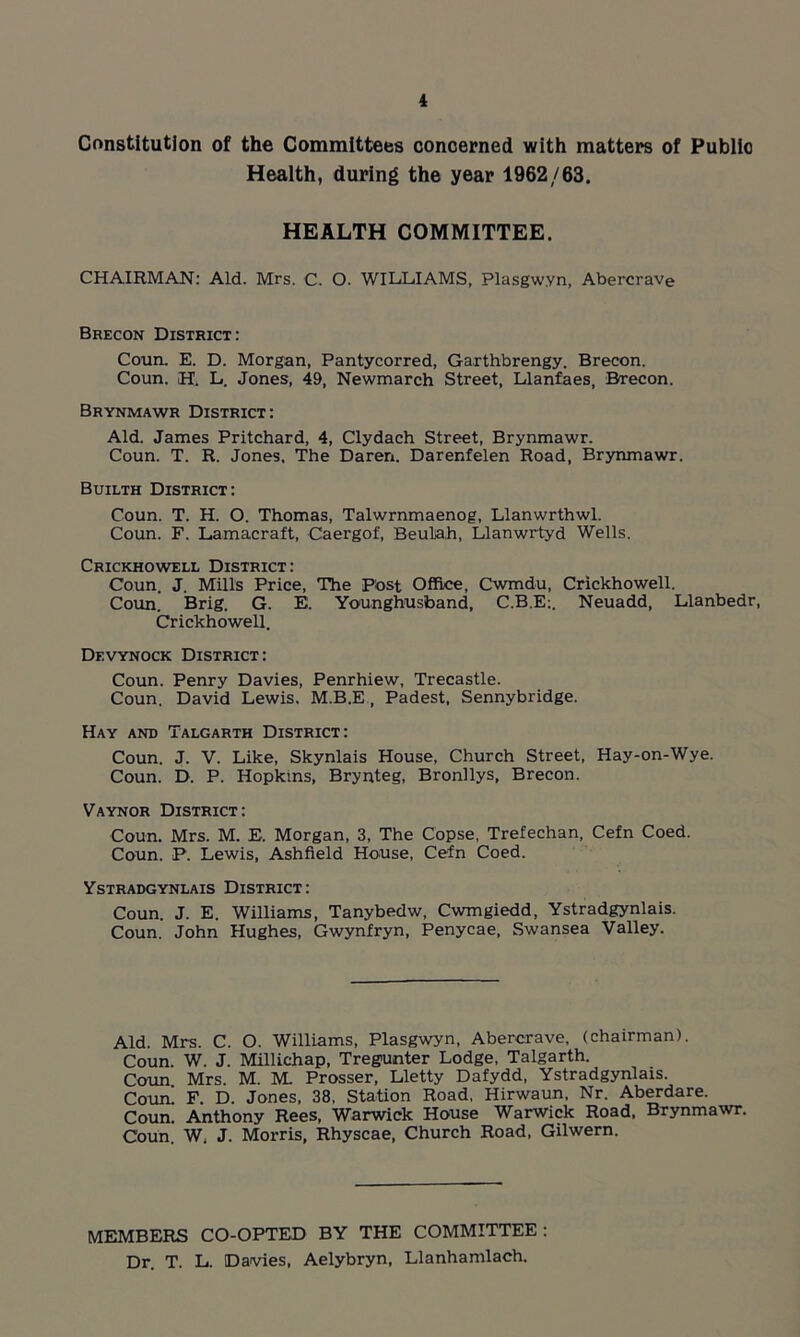 Constitution of the Committees concerned with matters of Public Health, during the year 1962/63. HEALTH COMMITTEE. CHAIRMAN: Aid. Mrs. C. O. WILLIAMS, Plasgw.vn, Abercrave Brecon District: Coun. E. D. Morgan, Pantycorred, Ga.rthbrengy. Brecon. Coun. IH, L. Jones, 49, Newmarch Street, Llanfaes, Brecon. Brynmawr District: Aid. James Pritchard, 4, Clydach Street, Brynmawr. Coun. T. R. Jones, The Daren. Darenfelen Road, Brynmawr. Builth District: Coun. T. H. O. Thomas, Talwrnmaenog, Llanwrthwl. Coun. F. Lamacraft, Caergof, Beulah, Llanwrtyd Wells. Crickhowell District: Coun. J. Mills Price, The Post Office, Cwmdu, Crickhowell. Coun. Brig. G. E. Younghusband, C.B.E:. Neuadd, Llanbedr, Crickhowell. Devynock District: Coun. Penry Davies, Penrhiew, Trecastle. Coun. David Lewis, M.B.E , Padest, Sennybridge. Hay and Talgarth District: Coun. J. V. Like, Skynlais House, Church Street, Hay-on-Wye. Coun. D. P. Hopkins, Brynteg, Bronllys, Brecon. Vaynor District: Coun. Mrs. M. E, Morgan, 3, The Copse, Trefechan, Cefn Coed. Coun. P. Lewis, Ashfield House, Cefn Coed. Ystradgynlais District: Coun. J. E. Williams, Tanybedw, Cwmgiedd, Ystradgynlais. Coun. John Hughes, Gwynfryn, Penycae, Swansea Valley. Aid. Mrs. C. O. Williams, Plasgwyn, Abercrave, (chairman). Coun. W. J. Millichap, Tregunter Lodge, Talgarth. Coun Mrs. M. M. Prosser, Lletty Dafydd, Ystradgynlais. Coun! F. D. Jones, 38, Station Road, Hirwaun, Nr. Aberdare. Coun. Anthony Rees, Warwick House Warwick Road, Brynmawr. Coun. W. J. Morris, Rhyscae, Church Road, Gilwern. MEMBERS CO-OPTED BY THE COMMITTEE : Dr. T. L. Davies, Aelybryn, Llanhamlach.