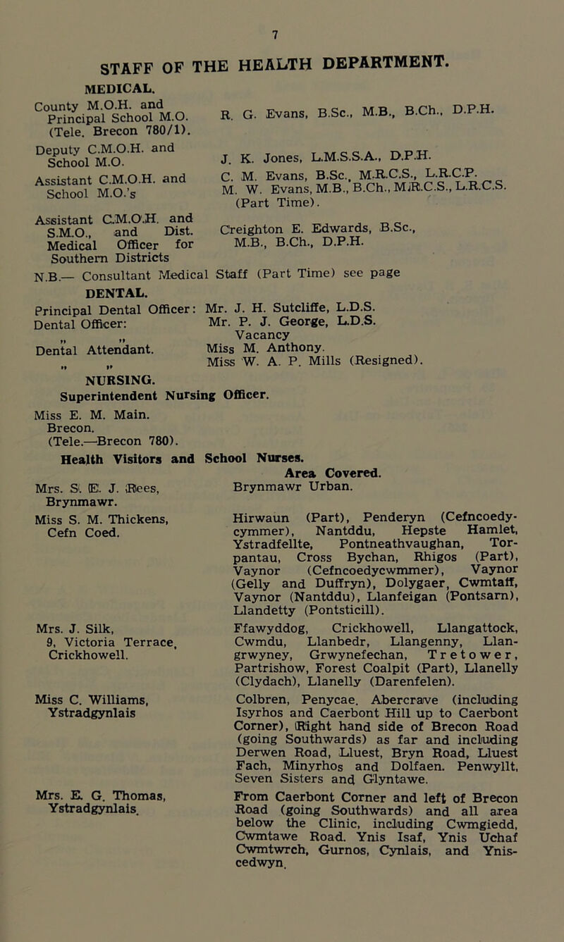 STAFF OF THE HEALTH DEPARTMENT. MEDICAL. County M.O.H. and Principal School M.O. (Tele. Brecon 780/1). R. G. Evans, B.Sc., M.B., B.Ch., D.P.H. Deputy C.M.O.H. and School M.O. Assistant C.M.O.H. and School M.O.’s Assistant C.M.O.H. and S.M.O., and Dist. Medical Officer for Southern Districts J. K. Jones, L.M.S.S.A., D.P.H. C. M. Evans, B.Sc., M-R.C.S., L.R.C.P. M. W. Evans, M.B., B.Ch., MjK.C.S., L.R.C.S. (Part Time). Creighton E. Edwards, B.Sc., M.B., B.Ch., D.P.H. N.B.— Consultant Medical Staff (Part Time) see page DENTAL. Principal Dental Officer: Dental Officer: tt »» Dental Attendant. i* »» Mr. J. H. Sutcliffe, L.D.S. Mr. P. J. George, L.D.S. Vacancy Miss M. Anthony. Miss W. A. P. Mills (Resigned). NURSING. Superintendent Nursing Officer. Miss E. M. Main. Brecon. (Tele.—Brecon 780). Health Visitors and School Nurses. Area Covered. Mrs. S'. E. J. Rees, Brynmawr Urban. Brynmawr. Miss S. M. Thickens, Hirwaun (Part), Penderyn (Cefncoedy- Cefn Coed. cymmer), Nantddu, Hepste Hamlet, Ystradfellte, Pontneathvaughan, Tor- pantau, Cross Bychan, Rhigos (Part), Vaynor (Cefncoedycwmmer), Vaynor (Geliy and Duffryn), Dolygaer, Cwmtaff, Vaynor (Nantddu), Llanfeigan (Pontsam), Llandetty (Pontsticill). Mrs. J. Silk, Ffawyddog, Crickhowell, Llangattock, 9, Victoria Terrace, Cwmdu, Llanbedr, Llangenny, Llan- Crickhowell. ' grwyney, Grwynefechan, Tretower, Partrishow, Forest Coalpit (Part), Llanelly (Clydach), Llanelly (Darenfelen). Miss C. Williams, Ystradgynlais Mrs. E. G. Thomas, Ystradgynlais. Colbren, Penycae. Abercrave (including Isyrhos and Caerbont Hill up to Caerbont Corner), iRight hand side of Brecon Road (going Southwards) as far and including Derwen Road, Lluest, Bryn Road, Lluest Fach, Minyrhos and Dolfaen. Penwyllt, Seven Sisters and Glyntawe. From Caerbont Corner and left of Brecon Road (going Southwards) and all area below the Clinic, including Cwmgiedd, Cwmtawe Road. Ynis Isaf, Ynis Uchaf Cwmtwrch, Gurnos, Cynlais, and Ynis- cedwyn.