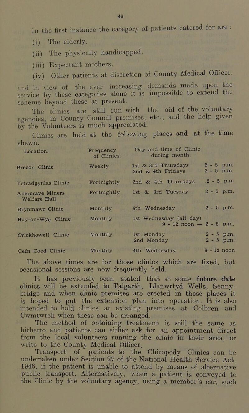 In the first instance the category of patients catered for are: (i) The elderly. (ii) The physically handicapped. (iii) Expectant mothers. (iv) Other patients at discretion of County Medical Officer. anil in view of the ever increasing demands made upon the service by these categories alone it is impossible to extend the scheme beyond these at present. The clinics are still run with the aid of the voluntary agencies, in County Council premises, etc., and the help giien by the Volunteers is much appreciated. Clinics are held at the following places and at the time shewn. Location. Frequency Day and time of Clinic of Clinics. during month. Brecon Clinic Weekly 1st & 3rd Thursdays 2 - 5 p.m. 2nd & 4th Fridays 2 - 5 p.m. Ystradgynlas Clinic Fortnightly 2nd & 4th Thursdays .2 - 5 p.m Abercrave Miners Fortnightly 1st & 3rd Tuesday 2 - 5 p.m. Welfare Hall Brynmawr Clinic Monthly 4th Wednesday 2 - 5 p.m. Hay-on-Wye Clinic Monthly 1st Wednesday (all day) 9-12 noon — 2 - 5 p.m. Crickhowell Clinic Monthly 1st Monday 2 - 5 p.m. 2nd Monday 2 - 5 p.m. Cefn Coed Clinic Monthly 4th Wednesday 9 - 12 noon The above times are for those clinics which are fixed, but occasional sessions are now frequently held. It has previously been stated that at some future date clinics will be extended to Talgarth, Llanwrtyd Wells, Senny- bridge and when clinic premises are erected in these places it is hoped to put the extension plan into operation. It is also intended to hold clinics at existing premises at Colbren and Cwmtwrch when these can be arranged. The method of obtaining treatment is still the same as hitherto and patients can either ask for an appointment direct from the local volunteers running the clinic in their area, or write to the County Medical Officer. Transport of patients to the Chiropody Clinics can be undertaken under Section 27 of the National Health Service Act. 1946, if the patient is unable to attend by means of alternative public transport. Alternatively, when a patient is conveyed to the Cfinic by the voluntary agency, using a member’s car, such