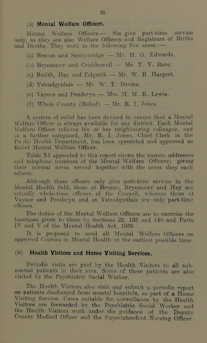 (5) Mental Welfare Officers. Mental Welfare Officers.— Six give part-time service only, as they are also Welfare Officers and Registrars of Births and Deaths. They work in the following five areas: — (a) Brecon and Sennybridge — Mr. H. G. Edwards. (b) Brynmawr and Crickhowell — Mr. T. V. Rees. (c) Builth, Hay and Talgarth — Mr. W. B. Hargest. (d) Ystradgynlais — Mr. W. T. Davies. (e) Yaynor and Penderyn — Mrs. M. M. R. Lewis. (f) Whole County (Relief) — Mr. R. I. -Tones. A system of relief has been devised to ensure that a Mental Welfare Office)' is always available for any district. Each Mental Welfare Officer relieves his or her neighbouring colleague, and as a further safeguard, Mr. R. I. Jones, Chief Clerk in the Pu die Health Department, has been appointed and approved as Relief Mental Welfare Officer. Table XI appended to this report shows the names, addresses and telephone numbers of the Mental Welfare Officers; giving their normal areas served together with the areas they each relieve. Although these officers only give part-time service in the Mental Health field, those at Brecon, Brynmawr and Hay are actually whole-time officers of the Council, whereas those at Yaynor and Penderyn and at Ystradgynlais are only part-time officers. The duties of the Mental Welfare Officers are to exercise the functions given to them by Sections 22, 135 and 140 and Parts IV and Y of the Mental Health Act, 1959. It is proposed to send all Mental Welfare Officers on approved Courses in Mental Health at the earliest possible time. (6) Health Visitors and Home Visiting Services. Periodic visits are paid by the Health Visitors to all sub- normal patients in their area. Some of these patients are also visited by the Psychiatric Social Worker. The Health Visitors also visit and submit a periodic report °Tn PWnts discharged from mental hospitals, as part of a Home Visiting Service. Cases suitable for surveillance by the Health Visitors are forwarded by the Psychiatric Social Worker and the Health Visitors work under the guidance of the Deputy County Medical Officer and the Superintendent Nursing Officer.