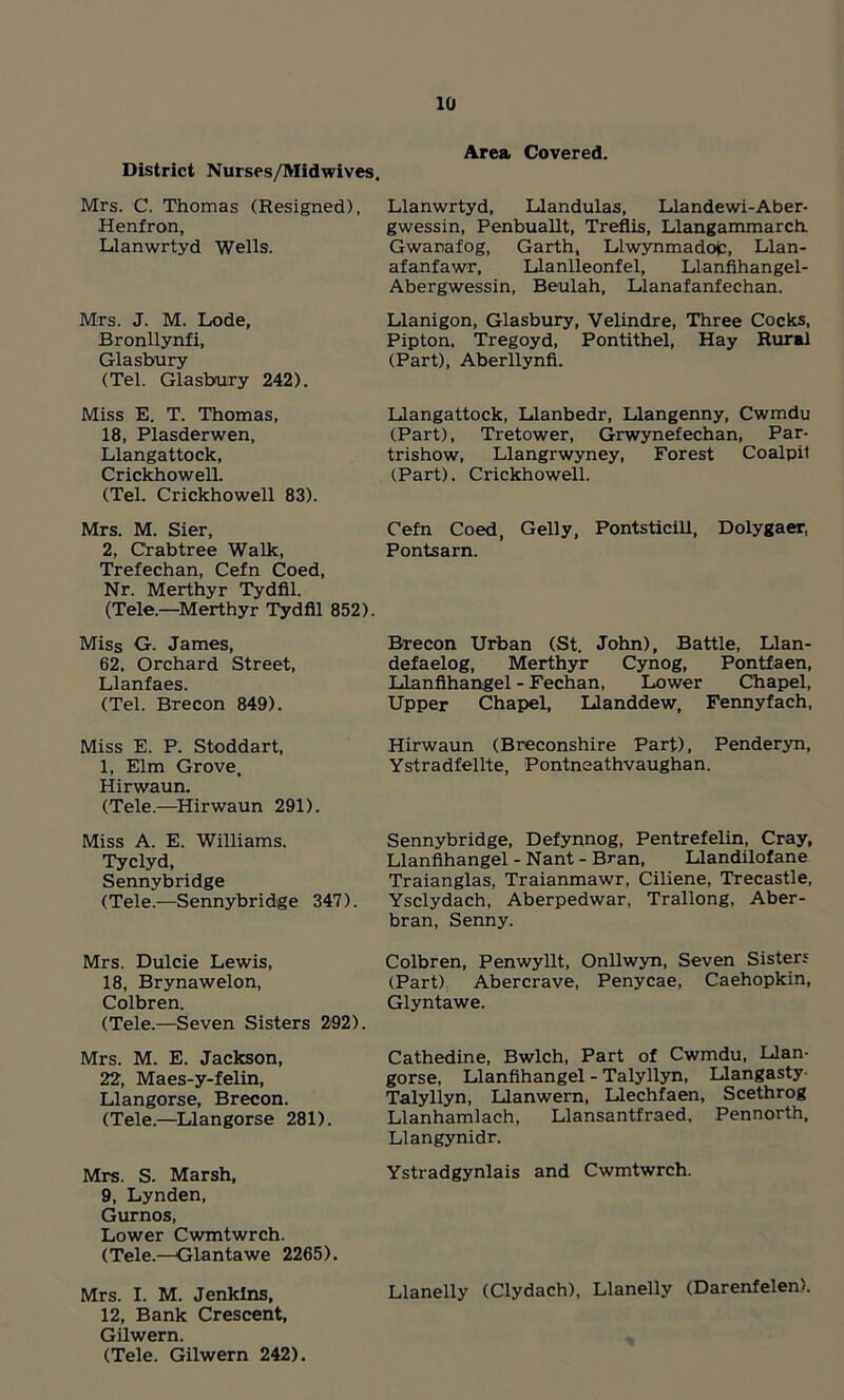 District Nurses/Midwives. Area Covered. Mrs. C. Thomas (Resigned), Henfron, Llanwrtyd Wells. Llanwrtyd, Llandulas, Llandewi-Aber- gwessin, Penbuallt, Treflis, Llangammarch. Gwariafog, Garth, Llwynmadojc, Llan- afanfawr, Llanlleonfel, Llanfihangel- Abergwessin, Beulah, Llanafanfechan. Mrs. J. M. Lode, Bronllynfi, Glasbury (Tel. Glasbury 242). Llanigon, Glasbury, Velindre, Three Cocks, Pipton, Tregoyd, Pontithel, Hay Rural (Part), Aberllynfi. Miss E. T. Thomas, 18, Plasderwen, Llangattock, Crickhowell. (Tel. Crickhowell 83). Llangattock, Llanbedr, Llangenny, Cwmdu (Part), Tretower, Grwynefechan, Par- trishow, Llangrwyney, Forest Coalpit (Part). Crickhowell. Mrs. M. Sier, Cefn Coed, Geliy, Pontsticill, Dolygaer, 2, Crabtree Walk, Pontsarn. Trefechan, Cefn Coed, Nr. Merthyr Tydfil. (Tele.—Merthyr Tydfil 852). Miss G. James, Brecon Urban (St. John), Battle, Llan- 62, Orchard Street, defaelog, Merthyr Cynog, Pontfaen, Llanfaes. Llanfihangel - Fechan, Lower Chapel, (Tel. Brecon 849). Upper Chapel, Uanddew, Fennyfach, Miss E. P. Stoddart, Hirwaun (Breconshire Part), Penderyn, 1, Elm Grove, Ystradfellte, Pontneathvaughan. Hirwaun. (Tele.—Hirwaun 291). Miss A. E. Williams. Tyclyd, Sennybridge (Tele.—Sennybridge 347). Sennybridge, Defynnog, Pentrefelin, Cray, Llanfihangel - Nant - Bran, Llandilofane Traianglas, Traianmawr, Ciliene, Trecastle, Ysclydach, Aberpedwar, Trallong, Aber- bran, Senny. Mrs. Dulcie Lewis, 18, Brynawelon, Colbren. (Tele.—Seven Sisters 292). Colbren, Penwyllt, Onllwyn, Seven Sisters (Part), Abercrave, Penycae, Caehopkin, Glyntawe. Mrs. M. E. Jackson, 22, Maes-y-felin, Llangorse, Brecon. (Tele.—Llangorse 281). Cathedine, Bwlch, Part of Cwmdu, Llan- gorse, Llanfihangel - Talyllyn, Llangasty- Talyllyn, Llanwem, Llechfaen, Scethrog Llanhamlach, Llansantfraed, Pennorth, Llangynidr. Mrs. S. Marsh, Ystradgynlais and Cwmtwrch. 9, Lynden, Gurnos, Lower Cwmtwrch. (Tele.—Glantawe 2265). Mrs. I. M. Jenkins, Llanelly (Clydach). Llanelly (Darenfelen). 12, Bank Crescent, Gilwern. (Tele. Gilwern 242).