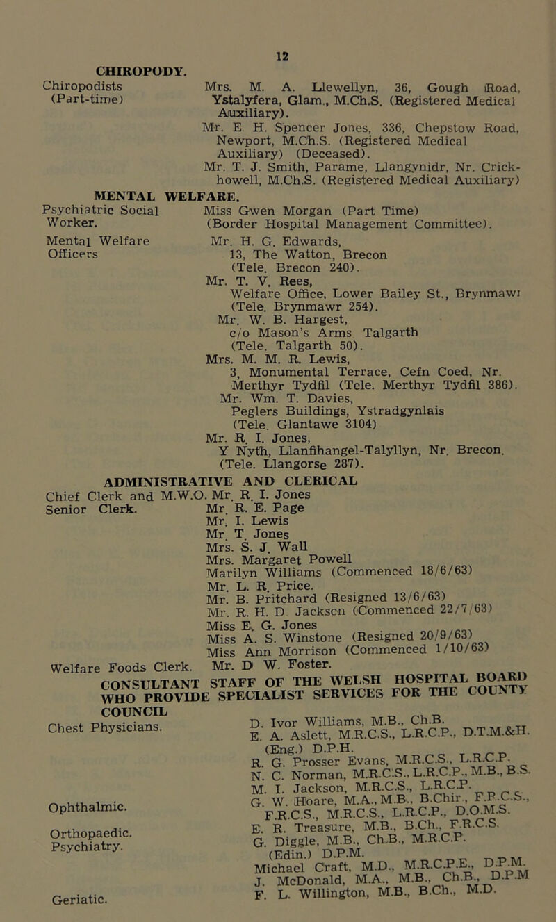 CHIROPODY. Chiropodists Mrs. M. A. Llewellyn, 36, Gough Road, (Part-time) Ystalyfera, Glam., M.Ch.S. (Registered Medical Auxiliary). Mr. E H. Spencer Jones, 336, Chepstow Road, Newport, M.Ch.S. (Registered Medical Auxiliary) (Deceased). Mr. T. J. Smith, Parame, Llangynidr, Nr. Crick- howell, M.Ch.S. (Registered Medical Auxiliary) MENTAL WELFARE. Psychiatric Social Miss Gwen Morgan (Part Time) Worker. (Border Hospital Management Committee). Mental Welfare Mr. H. G. Edwards, Officers 13, The Watton, Brecon (Tele. Brecon 240). Mr. T. V. Rees, Welfare Office, Lower Bailey St., Brynmawi (Tele. Brynmawr 254). Mr. W. B. Hargest, c/o Mason’s Arms Talgarth (Tele. Talgarth 50). Mrs. M. M. R. Lewis, 3, Monumental Terrace, Cefn Coed, Nr. Merthyr Tydfil (Tele. Merthyr Tydfil 386). Mr. Wm. T. Davies, Peglers Buildings, Ystradgynlais (Tele. Glantawe 3104) Mr. R. I. Jones, Y Nyth, Llanfihangel-Talyllyn, Nr. Brecon. (Tele. Llangorse 287). ADMINISTRATIVE AND CLERICAL Chief Clerk and M.W.O. Mr R. I. Jones Senior Clerk. Geriatic Mr. R. E. Page Mr. I. Lewis Mr. T Jones Mrs. S. J. Wall Mrs. Margaret Powell Marilyn Williams (Commenced 18/6/63) Mr. L. R. Price. Mr. B. Pritchard (Resigned 13/6/63) Mr. R. H. D Jackscn (Commenced 22/7,63) Miss E, G. Jones Miss A. S. Winstone (Resigned 20/9/63) Miss Ann Morrison (Commenced 1/10/63) Mr. D W. Foster. rr*M«iTi taint STAFF OF THE WELSH HOSPITAL BOARD WHO PK</vK.K si”oALIST SERVICES FOR THE COUNTY COUNCIL „ „ D Ivor Williams, M.B., Ch.B. E. A. Aslett, M.R.C.S., L.R.C.P., D.T.M.&H. (Eng.) D.P.H. R. G. Prosser Evans, M.R.C.S., L.R.C.P. N. C. Norman, M.R.C.S., L.R.C.P., M.B., B.*~. M. I. Jackson, M.R.C.S., ^■^•CP-vpr<- G W. (Hoare, M.A., M.B., B.Chir , F.P.C.S., F.R.C.S., M.R.C.S., L.R.C.P., D.O.M.S. E. R. Treasure, M.B., B.Ch., F.R.C.S. G. Diggle, M.B.. Ch.B., M-RC.P. Michael C?aft'MM.D„ MJt.CPE DJMW J. McDonald, M.A., M.B.. Ch.B, D.P.M F. L. Willington, M.B., B.Ch., M.D. Welfare Foods Clerk. CONSULTANT WHO PR COUNCIl Chest Physicians. Ophthalmic. Orthopaedic. Psychiatry.