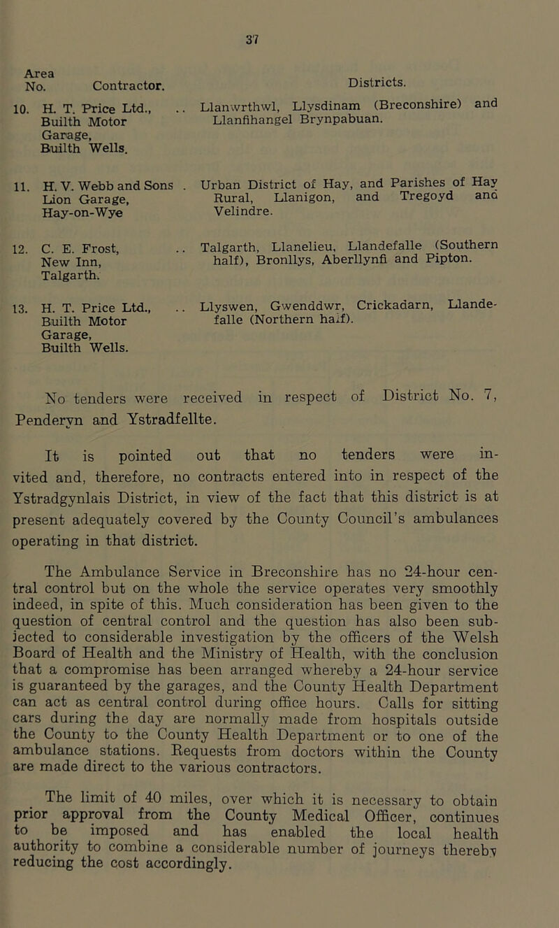 Area No. Contractor. 10. H. T. Price Ltd., Builth Motor Garage, Builth Wells. 11. H. V. Webb and Sons . Lion Garage, Hay-on-Wye 12. C. E. Frost, New Inn, Talgarth. 13. H. T. Price Ltd., Builth Motor Garage, Builth Wells. No tenders were received in respect of District No. 7, Pendervn and Ystradfelite. It is pointed out that no tenders were in- vited and, therefore, no contracts entered into in respect of the Ystradgynlais District, in view of the fact that this district is at present adequately covered by the County Council’s ambulances operating in that district. The Ambulance Service in Breconshire has no 24-hour cen- tral control but on the whole the service operates very smoothly indeed, in spite of this. Much consideration has been given to the question of central control and the question has also been sub- jected to considerable investigation by the officers of the Welsh Board of Health and the Ministry of Health, with the conclusion that a compromise has been arranged whereby a 24-hour service is guaranteed by the garages, and the County Health Department can act as central control during office hours. Calls for sitting cars during the day are normally made from hospitals outside the County to the County Health Department or to one of the ambulance stations. Requests from doctors within the County are made direct to the various contractors. Districts. Llanwrthwl, Llysdinam (Breconshire) and Llanfihangel Brynpabuan. Urban District of Hay, and Parishes of Hay Rural, Llanigon, and Tregoyd ana Velindre. Talgarth, Llanelieu, Llandefalle (Southern half), Bronllys, Aberllynfi and Pipton. Llyswen, Gwenddwr, Crickadarn, Llande- falle (Northern half). The limit of 40 miles, over which it is necessary to obtain prior approval from the County Medical Officer', continues to be imposed and has enabled the local health authority to combine a considerable number of journeys thereby reducing the cost accordingly.