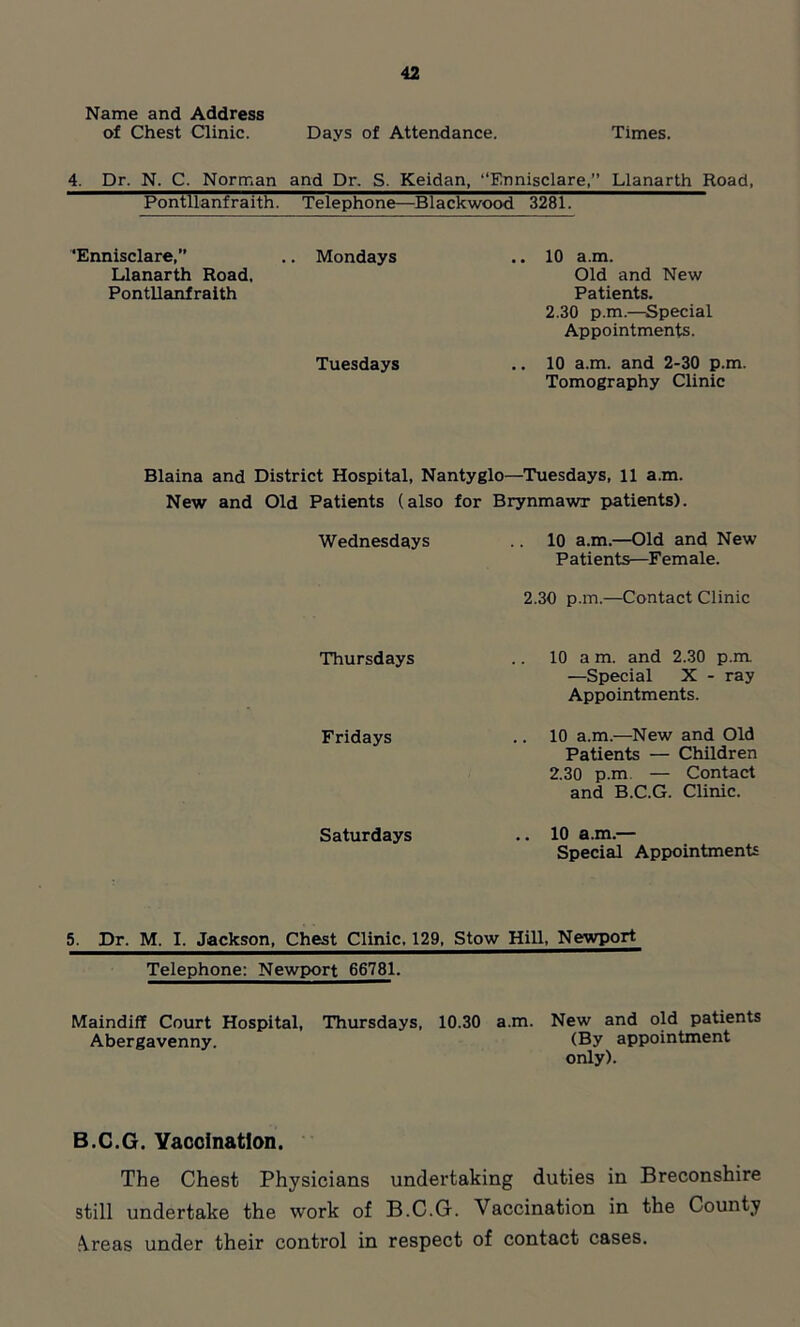 Name and Address of Chest Clinic. Days of Attendance. Times. 4. Dr. N. C. Norman and Dr. S. Keidan, ‘‘Ennisclare,’’ Llanarth Road, Pontllanfraith. Telephone—Blackwood 3281. 'Ennisclare,” .. Mondays .. 10 a.m. Llanarth Road. Old and New Pontllanfraith Patients. 2.30 p.m.—Special Appointments. Tuesdays .. 10 a.m. and 2-30 p.i Tomography Clinic Blaina and District Hospital, Nantyglo—Tuesdays, 11 a.m. New and Old Patients (also for Brynmawr patients). Wednesdays .. 10 a.m.—Old and New Patients—Female. 2.30 p.m.—Contact Clinic Thursdays Fridays Saturdays 10 a m. and 2.30 p.m —Special X - ray Appointments. 10 a.m.—New and Old Patients — Children 2.30 p.m. — Contact and B.C.G. Clinic. 10 a.m.— Special Appointments 5. Dr. M. I. Jackson, Chest Clinic. 129, Stow Hill, Newport Telephone; Newport 66781. Maindiff Court Hospital, Thursdays, 10.30 a.m. New and old patients Abergavenny. (By appointment only). B.C.G. Vaccination. The Chest Physicians undertaking duties in Breconshire still undertake the work of B.C.G. Vaccination in the County ,\reas under their control in respect of contact cases.