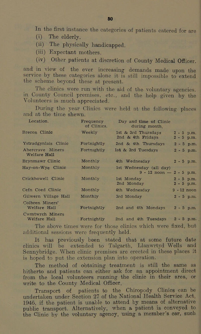 In the first instance the categories of patients catered for are (i) The elderly. (ii) The physically handicapped. (iii) Expectant mothers. (iv) Other patients at discretion of County Medical Officer. and in view of the ever increasing demands made upon the service by these categories alone it is still impossible to extend the scheme beyond these at present. The clinics were run with the aid of the voluntary agencies, in County Council premises, etc., and the help given by the Volunteers is much appreciated. During the year Clinics were held at the following places and at the time shewn. Location. Frequency Day and time of Clinic of Clinics. during month. Brecon Clinic Weekly 1st & 3rd Thursdays 2 - 5 p.m. 2nd & 4th Fridays 2 - 5 p.m. Ystradgynlais Clinic Fortnightly 2nd & 4th Thursdays 2 - 5 p.m. Abercrave Miners Fortnightly 1st & 3rd Tuesdays 2 - 5 p.m. Welfare Hall Brynmawr Clinic Monthly 4th Wednesday 2 - 5 p.m. Hay-on-Wye Clinic Monthly 1st Wednesday (all day) 9-12 noon — 2 - 5 p.m. Crickhowell Clinic Monthly 1st Monday 2 - 5 p.m. 2nd Monday 2 - 5 p.m. Cefn Coed Clinic Monthly 4th Wednesday 9 - 12 noon Gilwern Village Hall Monthly 3rd Monday 2 - 5 p.m. Colbren Miners’ Welfare Hall Fortnightly 2nd and 4th Mondays 2 - 5 p.m Cwmtwrch Miners Welfare Hall Fortnightly 2nd and 4th Tuesdays 2 - 5 p.m. The above times were for those clinics which were fixed, but additional sessions were frequently held. It has previously been stated that at some future date clinics will be extended to Talgarth, Llanwrtyd Wells and Sennybridge. When clinic premises are erected in these places it is hoped to put the extension plan into operation. The method of obtaining treatment is still the same as hitherto and patients can either ask for an appointment direct from the local volunteers running the clinic in their area, or write to the County Medical Officer. Transport of patients to the Chiropody Clinics can be undertaken under Section 27 of the National Health Service Act, 1946, if the patient is unable to attend by means of alternative public transport. Alternatively, when a patient is conveyed to the Clinic by the voluntary agency, using a member’s car, such