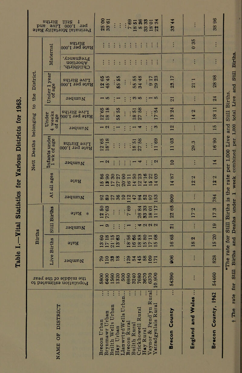 Table I.—Yital Statistics for Various Districts for 1963. 05 — CO CO ^ ch g sm-ija 000'I -13d ajBH : 0 35 : <V § ■jCauBugajtj uoijJoqv •mjiqpnqo : i : 2 3 t-4 CO 01 >> . ho N CO sriuia 3Aia ooo'l J3d 12 65 4545 55 55 ! ID CO . id y . 9 17 29 23 2S.17 28 98 D jaqumN i-i id : - : : cd id : *-> ID 5 TP 4-> ho 5 ho C o r—4 <D <u X <u ■OHM sq;JT9 9AT1 12‘65 18 18 18 51 27 58 : : ^ 14 2 18 11 £ TP H 0 jaquinN ^ m : - : : ^ ^ : : co : £) CO 6 ch la sqjJia 3ATT 000‘T Jad ajBH ID CO co . 00 : *—» r-H : ^ CO . , ID ID . : i co : i- (N 69.11 11 03 29.3 06.91 V l-l Jaquin^j ^ <n : : : : *h ^ : : ; 0) ho C0 cO ajea 15 86 1390 17 30 1 LZ.LZ O - O CD CD Cl CO O^IDIN^NO © co tp DJ tp in tp CS ^ *—< »—< 00 Tp 12 2 12 2 4-» c jaquinN OiOOC'ICC^^^OiiD 97 153 809 ; 784 Still Births ajBH * 12 50 75'63 : 7 69 26 84 S3 33 18 01 1117 22 65 <N 17 3 CO jaqumN *—■05 ; : : ^ ; tp (N w m 05 .fa CO XI 4-» H •H 13 60 17 18 2115 CD CD CD . ID ID CO CO 1711 15 68 16 65 18 2 !N ffl a) > ■H ►4 jaqumN 05 o eo oo ^ CO — l-H 129 54 145 58 109 171 906 ; 828 •lEa^C am jo atppiui am oj pajeunjsa uoijBindod ooooooooooo OO^DNOiDif OOhhO 00'*,IDCDID05C^CDCDCD05 CD CO CD CD ^ 54390 : 54460 E- L K E- (/ c U- c g z Brecon Urban Bryntnawr Urban Bnilth Wells Urban Hay Urban LlanwrtydWells Urban... Brecon Rural Builtli Rural Crickbowell Rural Hay Rural Vaynor & Pend’yn Rural Ystradgynlais Rural Brecon County England and Wales ... Brecon County, 1962 •The rate for Still Births is the rate per 1,000 Live and Still Births, t The rate for StUl Births and Deaths under 1 week combined per 1,000 total Live and Still Births.