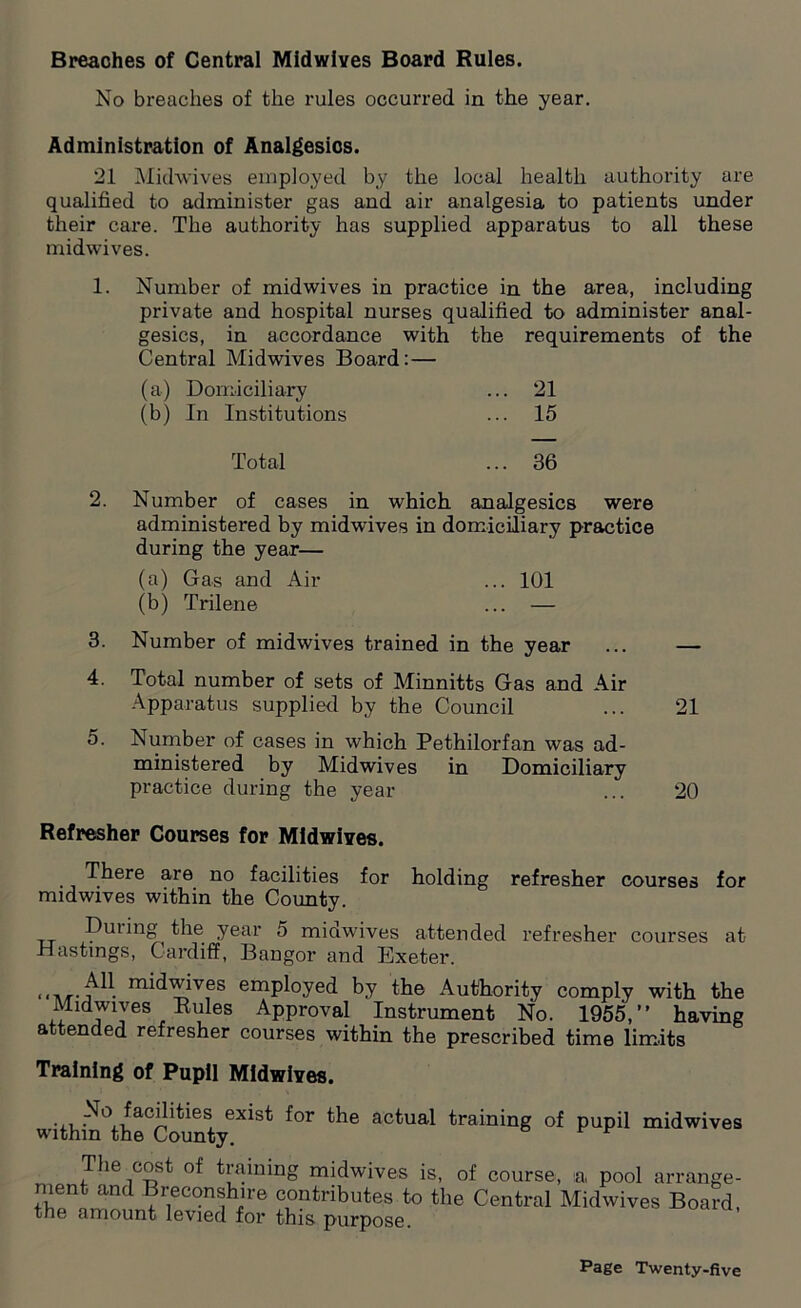 Breaches of Central Midwives Board Rules. No breaches of the rules occurred in the year. Administration of Analgesics. 21 Midwives employed by the local health authority are qualified to administer gas and air analgesia to patients under their care. The authority has supplied apparatus to all these midwives. 1. Number of midwives in practice in the area, including private and hospital nurses qualified to administer anal- gesics, in accordance with the requirements of the Central Midwives Board: — (a) Domiciliary ... 21 (h) In Institutions ... 15 Total ... 36 2. Number of cases in which analgesics were administered by midwives in domiciliary practice during the year— (a) Gas and Air ... 101 (b) Trilene ... — 3. Number of midwives trained in the year ... — 4. Total number of sets of Minnitts Gas and Air Apparatus supplied by the Council ... 21 5. Number of cases in which Pethilorfan was ad- ministered by Midwives in Domiciliary practice during the year ... 20 Refresher Courses for Midwives. . There are no facilities for holding refresher courses for midwives within the County. Duiing the year 5 midwives attended refresher courses at Hastings, Cardiff, Bangor and Exeter. ,,,,.*^1 midwives employed by the Authority comply with the Mid wives Rules Approval Instrument No. 1955,” having attended refresher courses within the prescribed time limits Training of Pupil Midwives. ... exist for the actual training of pupil midwives within the County. The cost of training midwives is, of course, a pool arrange- ment and Breconshire contributes to the Central Midwives Board, the amount levied for this purpose.