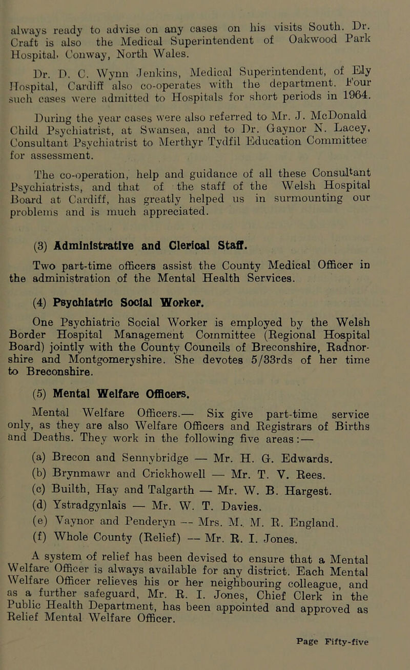 always ready to advise on any cases on liis visits South. Dr. Craft is also the Medical Superintendent of Oakwood Park Hospital. Conway, North Wales. Dr. D. C. Wynn Jenkins, Medical Superintendent, of Ely Hospital, Cardiff also co-operates with the department. Four such cases were admitted to Hospitals for short periods in 1964. During the year cases were also referred to Mr. J. McDonald Child Psychiatrist, at Swansea, and to Dr. Gaynor N. Lacey, Consultant Psychiatrist to Merthyr Tydfil Education Committee for assessment. The co-operation, help and guidance of all these Consultant Psychiatrists, and that of the staff of the Welsh Hospital Board at Cardiff, has greatly helped us in surmounting our problems and is much appreciated. (3) Administrative and Clerical Staff. Two part-time officers assist the County Medical Officer in the administration of the Mental Health Services. (4) Psychiatric Social Worker. One Psychiatric Social Worker is employed by the Welsh Border Hospital Management Committee (Regional Hospital Board) jointly with the County Councils of Breconshire, Radnor- shire and Montgomeryshire. She devotes 5/33rds of her time to Breconshire. (5) Mental Welfare Officers. Mental Welfare Officers.— Six give part-time service only, as they are also Welfare Officers and Registrars of Births and Deaths. They work in the following five areas: — (a) Brecon and Sennybridge — Mr. H. G. Edwards. (b) Brynmawr and Crickhowell — Mr. T. V. Rees. (c) Builth, Hay and Talgarth — Mr. W. B. Hargest. (d) Ystradgynlais — Mr. W. T. Davies. (e) Yaynor and Pendervn -- Mrs. M, M. R. England. (f) Whole County (Relief) — Mr. R. I. Jones. A system of relief has been devised to ensure that a Mental Welfare Officer is always available for any district. Each Mental Welfare Officer relieves his or her neighbouring colleague, and as a further safeguard, Mr. R. I. Jones, Chief Clerk in the Public Health Department, has been appointed and approved as Relief Mental Welfare Officer.