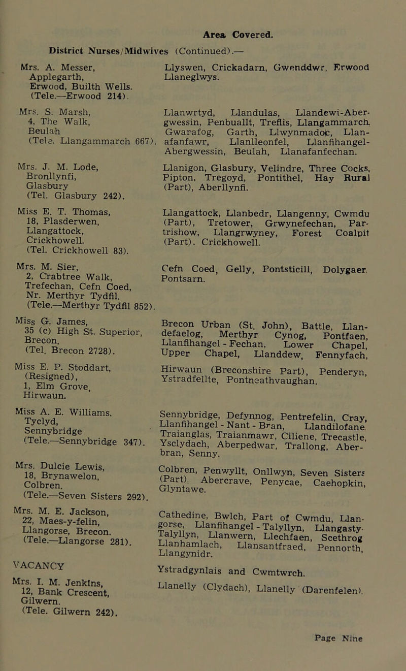 Area Covered. District Nurses/Midwives (Continued}.— Mrs. A. Messer, Llyswen, Crickadarn, Gwenddwr, Erwood Applegarth, Llaneglwys. Erwood, Builth Wells. (Tele.—Erwood 214). Mrs. S. Marsh, Llanwrtyd, Llandulas, Llandewi-Aber- 4, The Walk, gwessin, Penbuallt, Treflis, Llangammarch. Beulah Gwarafog, Garth, Llwynmadop, Llan- (Tele. Llangammarch 667). afanfawr, Llanlleonfel, Llanfihangel- Abergwessin, Beulah, Llanafanfechan. Mrs. J. M. Lode, Bronllynfi, Glasbury (Tel. Glasbury 242). Llanigon, Glasbury, Velindre, Three Cocks, Pipton, Tregoyd, Pontithel, Hay Rural (Part), Aberllynfi. Miss E. T. Thomas, 18, Plasderwen, Llangattock, Crickhowell. (Tel. Crickhowell 83). Llangattock, Llanbedr, Llangenny, Cwmdu (Part), Tretower, Grwynefechan, Par- trishow, Llangrwyney, Forest Coalpit (Part). Crickhowell. Mrs. M. Sier, Cefn Coed, Geliy, Pontsticill, Dolygaer. 2, Crabtree Walk, Pontsarn. Trefechan, Cefn Coed, Nr. Merthyr Tydfil. (Tele.—Merthyr Tydfil 852). Miss G. James, 35 (c) High St. Superior, Brecon. (Tel. Brecon 2728). Miss E. P. Stoddart, (Resigned), 1, Elm Grove, Hirwaun. Miss A. E. Williams. Tyclyd, Sennybridge (Tele.—Sennybridge 347). Mrs. Dulcie Lewis, 18, Brynawelon, Colbren. (Tele.—Seven Sisters 292). Mrs. M. E. Jackson, 22, Maes-y-felin, Llangorse, Brecon. (Tele.—Llangorse 281). VACANCY Mrs. I. M. Jenkins, 12, Bank Crescent, Gilwern. (Tele. Gilwern 242). Brecon Urban (St. John), Battle, Llan- defaelog, Merthyr Cynog, Pontfaen, Llanfihangel - Fechan, Lower Chapel, Upper Chapel, Llanddew, Fennyfach, Hirwaun (Breconshire Part), Penderyn Ystradfellte, Pontneathvaughan. Sennybridge, Defynnog, Pentrefelin, Cray, Llanfihangel - Nant - Bran, Llandilofane Traianglas, Traianmawr, Ciliene, Trecastle, Ysclydach, Aberpedwar, Trallong, Aber- bran, Senny. Colbren, Penwyllt, Onllwyn, Seven Sisters Glyn?aweAberCraVe’ Penycae’ Caeh«pkin, Cathedine, Bwlch, Part of Cwmdu, Llan- gorse, Llanfihangel - Talyllyn, Llangasty- Talyllyn Llanwern, Llechfaen, Scethrog Llanhamlach, Llansantfraed, Pennorth Llangynidr. Ystradgynlais and Cwmtwrch. Llanelly (Clydach), Llanelly (Darenfelen).