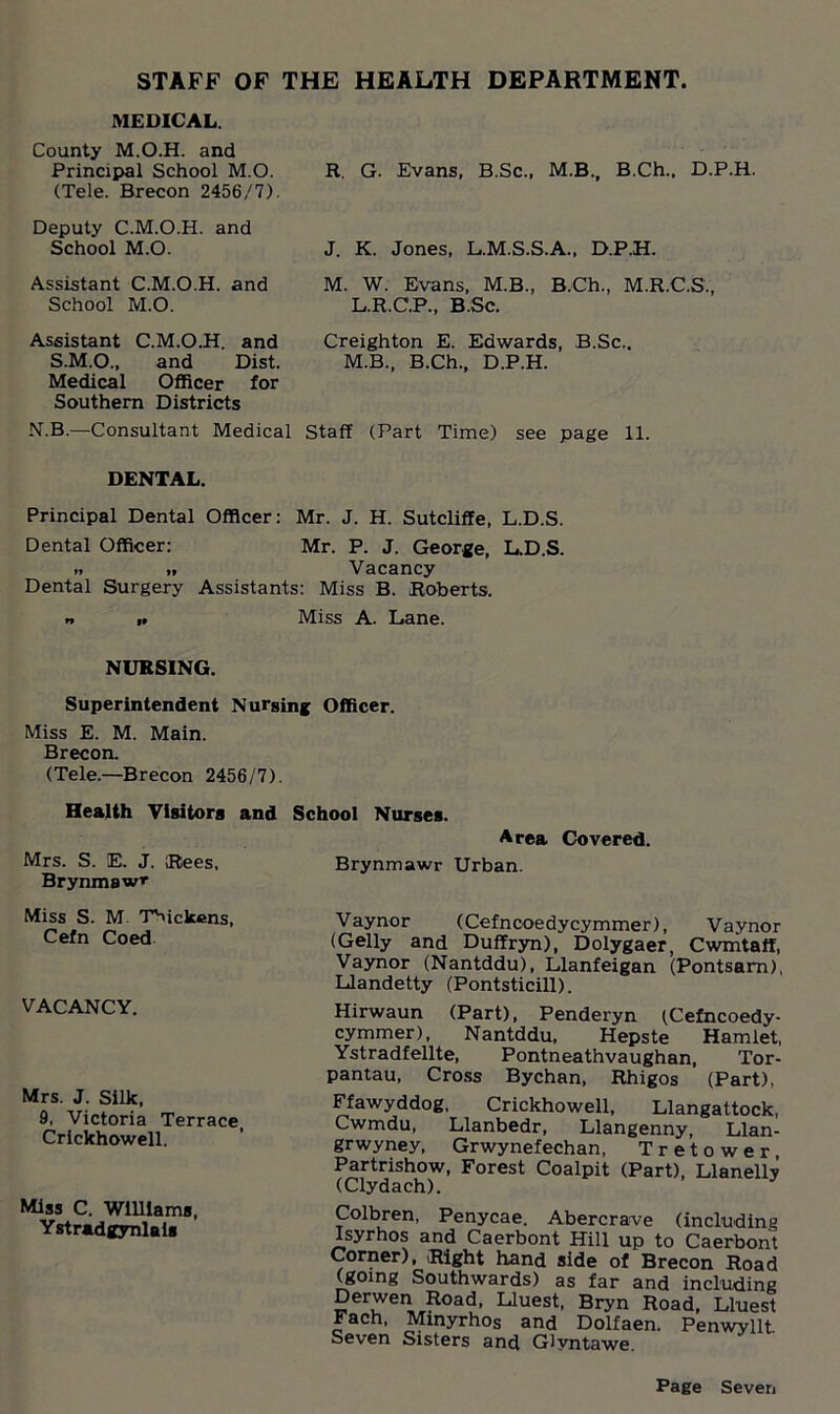 STAFF OF THE HEALTH DEPARTMENT. MEDICAL. County M.O.H. and Principal School M.O. R. G. Evans, B.Sc., M.B., B.Ch., D.P.H. (Tele. Brecon 2456/7). Deputy C.M.O.H. and School M.O. Assistant C.M.O.H. and School M.O. J. K. Jones, L.M.S.S.A., D.P.H. M. W. Evans, M.B., B.Ch., M.R.C.S., L.R.C.P., B.Sc. Assistant C.M.O.H. and Creighton E. Edwards, B.Sc.. S.M.O., and Dist. M.B., B.Ch., D.P.H. Medical Officer for Southern Districts N.B.—-Consultant Medical Staff (Part Time) see page 11. DENTAL. Principal Dental Officer: Mr. J. H. Sutcliffe, L.D.S. Dental Officer: Mr. P. J. George, L.D.S. » >. Vacancy Dental Surgery Assistants: Miss B. Roberts. » i. Miss A. Lane. NURSING. Superintendent Nursing Officer. Miss E. M. Main. Brecon. (Tele.—Brecon 2456/7). Health Visitors Mrs. S. E. J. Rees, Brynmawr and School Nurses. Area Covered. Brynmawr Urban. Miss S. M Thickens, Cefn Coed VACANCY. Mrs. J. Silk, 9, Victoria Terrace Crickhowell. Miss C. Williams, Ystradgynlais Vaynor (Cefncoedycymmer), Vaynor (Geliy and Duffryn), Dolygaer, Cwmtaff, Vaynor (Nantddu), Llanfeigan (Pontsarn), Llandetty (Pontsticill). Hirwaun (Part), Penderyn (Cefncoedy- cymmer), Nantddu, Hepste Hamlet, Ystradfellte, Pontneathvaughan, Tor- pantau, Cross Bychan, Rhigos (Part), Ffawyddog, Crickhowell, Llangattock, Cwmdu, Llanbedr, Llangenny, Llan- grwyney, Grwynefechan, Tretower, Partrishow, Forest Coalpit (Part), Llanelly (Clydach). Colbren, Penycae. Abercrave (including Isyrhos and Caerbont Hill up to Caerbont Corner), Right hand side of Brecon Road (going Southwards) as far and including Derwen Road, Lluest, Bryn Road, Lluest Fach, Minyrhos and Dolfaen. Penwyllt. Seven Sisters and Glyntawe.