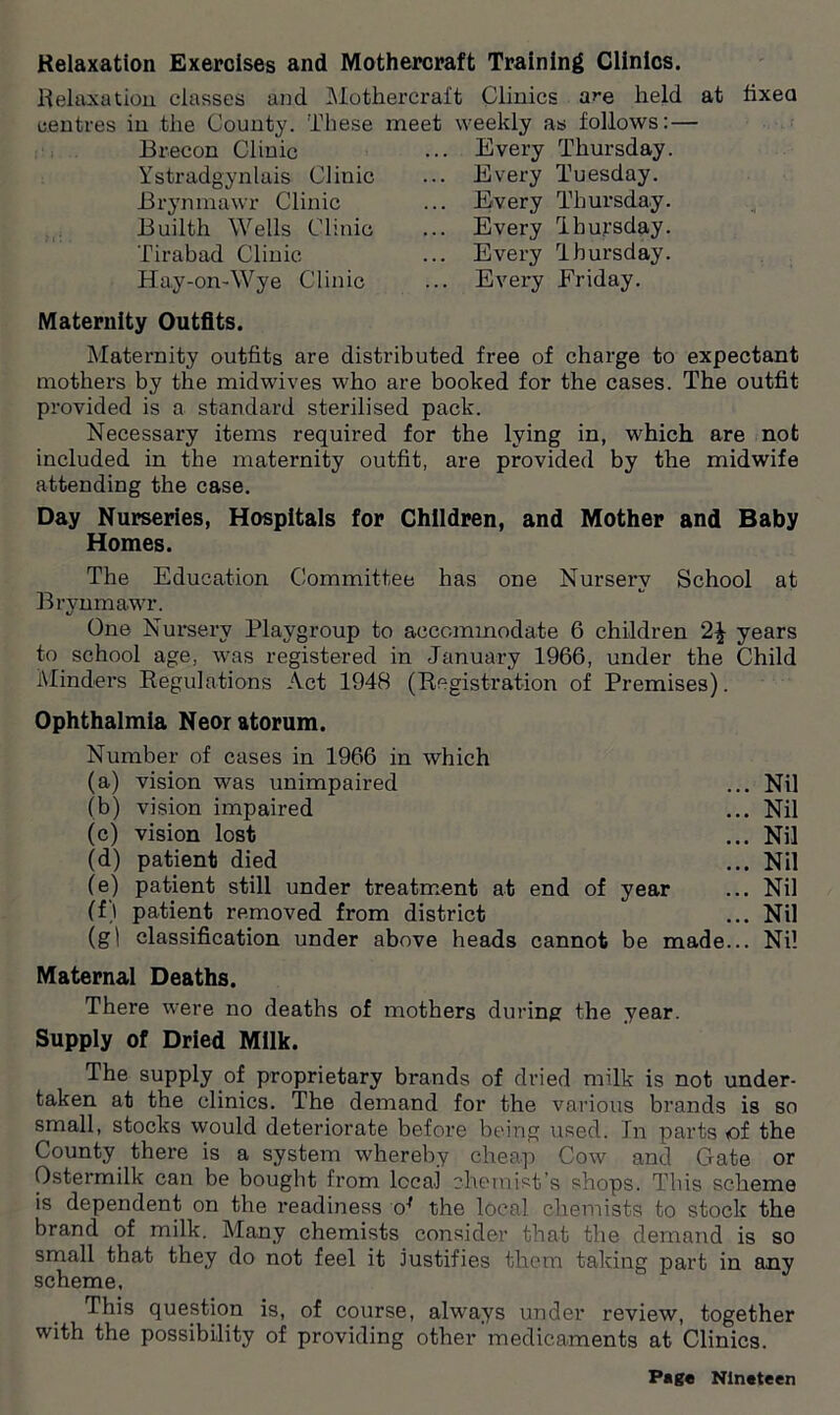 Relaxation Exercises and Mothercraft Training Clinics. Relaxation classes and Mothercraft Clinics are held at fixed centres in the County. These meet weekly as follows: — Brecon Clinic Ystradgynlais Clinic Brynmawr Clinic Builth Wells Clinic Tirabad Clinic Hay-on-Wye Clinic Every Thursday. Every Tuesday. Every Thursday. Every Thursday. Every Thursday. Every Friday. Maternity Outfits. Maternity outfits are distributed free of charge to expectant mothers by the midwives who are booked for the cases. The outfit provided is a standard sterilised pack. Necessary items required for the lying in, which are not included in the maternity outfit, are provided by the midwife attending the case. Day Nurseries, Hospitals for Children, and Mother and Baby Homes. The Education Committee has one Nursery School at Brynmawr. One Nursei'v Playgroup to accommodate 6 children 2^ years to school age, was registered in January 1966, under the Child Minders Regulations Act 1948 (Registration of Premises). Ophthalmia Neoratorum. Number of cases in 1966 in which (a) vision was unimpaired (b) vision impaired (c) vision lost (d) patient died (e) patient still under treatment at end of year (f) patient removed from district (gl classification under above heads cannot be made Maternal Deaths. There were no deaths of mothers during the year. Supply of Dried Milk. The supply of proprietary brands of dried milk is not under- taken at the clinics. The demand for the various brands is so small, stocks would deteriorate before being used. Tn parts of the County there is a system whereby cheap Cow and Gate or Ostermilk can be bought from local chemist’s shops. This scheme is dependent on the readiness o* the local chemists to stock the brand of milk. Many chemists consider that the demand is so small that they do not feel it Justifies them taking part in any scheme, This question is, of course, always under review, together with the possibility of providing other medicaments at Clinics. ... Nil ... Nil ... Nil ... Nil ... Nil ... Nil ... Nil