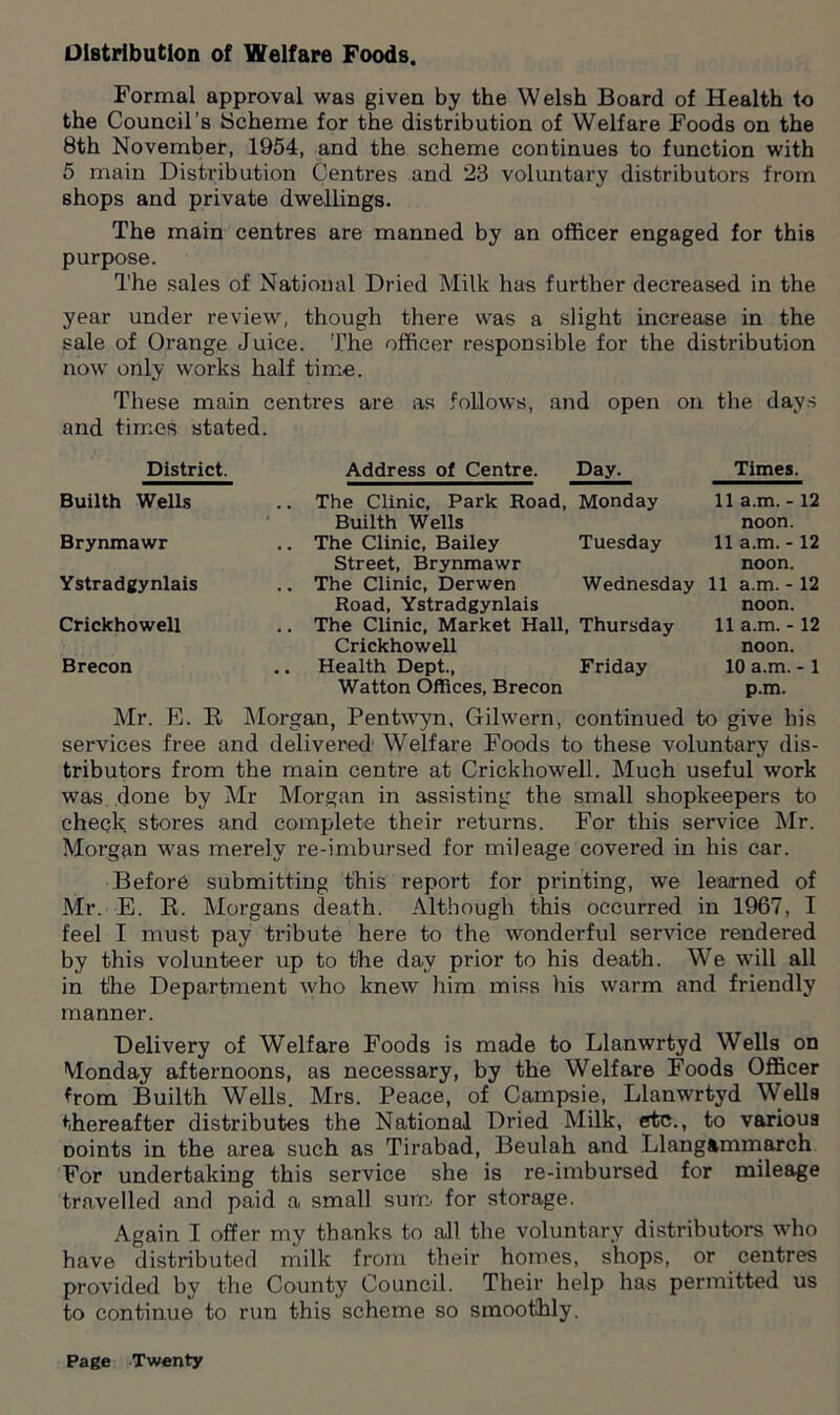 Distribution of Welfare Foods. Formal approval was given by the Welsh Board of Health to the Council’s Scheme for the distribution of Welfare Foods on the 8th November, 1954, and the scheme continues to function with 5 main Distribution Centres and 23 voluntary distributors from shops and private dwellings. The main centres are manned by an officer engaged for this purpose. The sales of National Dried Milk has further decreased in the year under review, though there was a slight increase in the sale of Orange Juice. The officer responsible for the distribution now only works half time. These main centres are as follows, and open on the days and times stated. District. Address of Centre. Day. Times. Builth Wells Brynmawr Ystradgynlais Crickhowell Brecon The Clinic, Park Road, Monday 11a.m.-12 Builth Wells noon. The Clinic, Bailey Tuesday 11 a.m. -12 Street, Brynmawr noon. The Clinic, Derwen Wednesday 11 a.m. -12 Road, Ystradgynlais noon. The Clinic, Market Hall, Thursday 11 a.m. -12 Crickhowell noon. Health Dept., Friday 10 a.m. -1 Watton Offices, Brecon p.m. Mr. E. R Morgan, Pentwyn, Gilwern, continued to give his services free and delivered Welfare Foods to these voluntary dis- tributors from the main centre at Crickhowell. Much useful work was done by Mr Morgan in assisting the small shopkeepers to check stores and complete their returns. For this sendee Mr. Morgan was merely re-imbursed for mileage covered in his car. Before submitting this report for printing, we learned of Mr. E. R. Morgans death. Although this occurred in 1967, I feel I must pay tribute here to the wonderful service rendered by this volunteer up to the day prior to his death. We will all in t'he Department who knew him miss his warm and friendly manner. Delivery of Welfare Foods is made to Llanwrtyd Wells on Monday afternoons, as necessary, by the Welfare Foods Officer from Builth Wells. Mrs. Peace, of Campsie, Llanwrtyd Wells thereafter distributes the National Dried Milk, etc., to various Doints in the area such as Tirabad, Beulah and Llangammarch For undertaking this service she is re-imbursed for mileage travelled and paid a small sum. for storage. Again I offer my thanks to all the voluntary distributors who have distributed milk from their homes, shops, or centres provided by the County Council. Their help has permitted us to continue to run this scheme so smoothly.