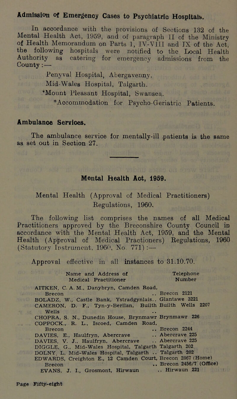 Admission of Emergency Cases to Psychiatric Hospitals. In accordance with the provisions of Sections 132 of the Mental Health Act, 1959, and of paragraph II of the Ministry of Health Memorandum on Parts 1, IV-V111 and IX of the Act, the following hospitals were notified to the Local Health Authority as catering for emergency admissions from the County:— Penyval Hospital, Abergavenny. Mid-Wales Hospital, Talgarth. +Mount Pleasant Hospital, Swansea. ^Accommodation for Psycho-Geriatric Patients. Ambulance Services. The ambulance service for mentally-ill patients is the same as set out in Section 27. Mental Health Act, 1939. Mental Health (Approval of Medical Practitioners) Regulations, 1960. The following list comprises the names of all Medical Practitioners approved by the Breconshire County Council in accordance with the Mental Health Act, 1959, and the Mental Health (Approval of Medical Practioners) Regulations, 1960 (Statutory Instrument, I960, No. 771) : — Approval effective in all instances to 31.10.70. Name and Address of Telephone Medical Practitioner Number AITKEN, C. A. M.. Danybryn, Camden Road, Brecon .. Brecon 2121 BOLADZ, W., Castle Bank, Ystradgynlais.. Glantawe 3221 CAMERON. D. F.. Tyn-y-Berllan, Builth Builth Wells 2207 Wells CHOPRA, S. N., Dunedin House, Brynmawr Brynmawr 226 COPPOCK., R. L.. Iscoed, Camden Road, Brecon .. Brecon 2244 DAVIES, E., Haulfryn, Abercrave .. Abercrave 225 DAVIES. V. J., Haulfryn, Abercrave .. Abercrave 225 DIGGLE, G.. Mid-Wales Hospital. Talgarth Talgarth 202 DOLNY, L, Mid-Wales Hospital, Talgarth .. Talgarth 202 EDWARDS, Creighton E„ 12 Camden Court, Brecon 2867 (Home) Brecon .. Brecon 2456/7 (Office) EVANS. J. I., Grosmont. Hirwaun .. Hirwaun 221