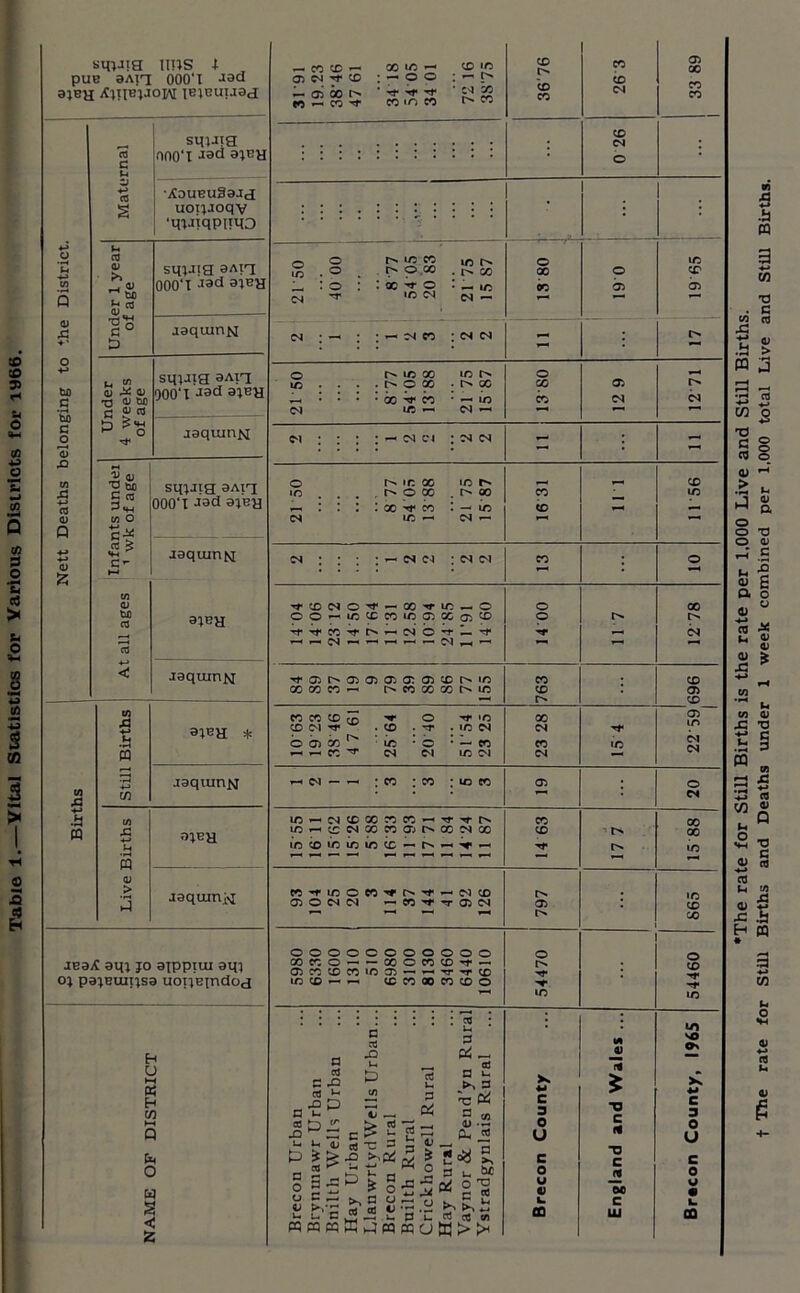 Table 1.—Vital Statistics for Yarious Districts for 1966. sm-na ims 4. PUB 9AH 000'X JSd ajBH lejButaad u •H U J2 bfl C ’3) C 0 43 cd 0 Q 0 03 C sqiata nno'l wd 3lBH ZJ •Xoubu33J<j •qtJtqpiiqO cd 0 * scp-na wn 000'T -«d 31BH ■go D jaqturiN 5^0 Tl 0 bo G S? « sqjaia 3ATT 000'X a;BH jaquinM 5 <u T3 til) C as 3«H co O sq;jia bai'j 000‘I iad cd £ C’ jaquinM to 0 ttf) as 9;ea < jaquinjsr CO 43 Still Births 35BH * jaqumjN .h CO w 43 +-> 31BH Li pq 0 3 jaquirtjtf JBaiC am jo ajppiui am o; pa;Buii;sa uonBindoa H O « H cfl 0 W 1 c is — X X — X X CD X X X 03 X 03 CM to •—« 0 0 r—l X X X P oi 60 rf '*r •*4* CM X CM X X X 'O X X CM • • O • O X X X 0 X X • O 0 X X X O X i CM rr X CM CM cm : . , cm X . CM CM • T-+ * 0 X X X r^. 0 _ x X X X CM CM CM X CM r—< . . . mM • • • • • T—' 0 x X X , X X . O X r* X X X ; : ! • X X : —- X X tM X CM cm : CM ca CM CM X . 0 • • • •—« ^ CD CM O ti* X X O 0 X O O — X X X X 03 X 03 X 0 t^- ! P -r x P r—) CM O -t* M* -r _ CM *—1 r—1 CM ~ ~ CM T-*  ” Tf 03 03 03 03 03 03 CD X X X X X X ^ X X X X X 03 — X 03 X O X X 03 m X CM X M* X CM CM b b X ^ X O X X X CM ! CM X ^ CM CM X C^l CM *-« CM — rH . X . X X X 03 O • CM lO — csj x x X X X x cm X X 03 X CM X X •*t>. X in x in in in X *-1 P-4 X — ■ ■ 1 t—< x -r X 0 X CM X 03 O M M X M- -T 03 CM 03 X OOOOO 0 0 O O O O 0 X X 0 — X 0 X CD M* •—« X 03 X X X X 03 *—• TT TT X in x •— *—« X X 00 X X O 1 X X cd : ; l a cd -Q P C4 M J) vo On C CtJ a '£ cd X) u p u P to 7j Id u a l* a3 a »- a ^c« K 4-» c 3 z ■0 K +■» C 3 Brecon Urba Brvnmawr U Bnilth Wells Hay Urban •n ^ a £ 0 a 0 cd t> uilth Rural •—* 0 * 0 43 rU u 0 .a a, « 5. 3 u M oi 0 'S a 03 £ *i2 O u c 0 u « CO ti T3 C JJ 00 c UJ O u c 0 u • &. CO ►4 M PC 0 w > > *The rate for Still Births is the rate per 1,000 Live and Still Births, t The rate for Still Births and Deaths under X week combined per 1,000 total Live and Still Births.