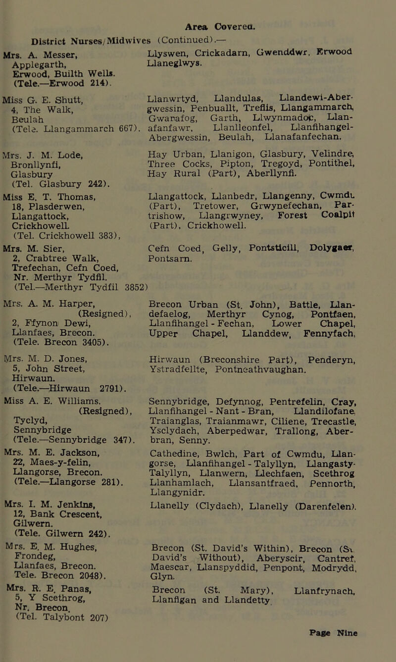 Area Covered. District Nurses/Midwives (Continued).— Mrs. A. Messer, Llyswen, Crickadarn, Gwenddwr, Krwood Applegarth, Llaneglwys. Erwood, Builth Wells. (Tele.—Erwood 214). Miss G. E. Shutt, Llanwrtyd, Llandulas, Llandewi-Aber- 4, The Walk, gwessin, Penbuallt, Treflis, Llangammarch, Beulah Gwanafog, Garth, Llwynmadop, Llan- (Tele. Llangammarch 667). afanfawx, Llanlleonfel, Llanfihangel- Abergwessin, Beulah, Llanafanfechan. Mrs. J. M. Lode, Bronllynfi, Glasbury (Tel. Glasbury 242). Miss E. T. Thomas, 18, Plasderwen, Llangattock, CrickhowelL (Tel. Crickhowell 383), Hay Urban, Llanigon, Glasbury, Velindre, Three Cocks, Pipton, Tregoyd, Pontithel, Hay Rural (Part), Aberllynfi. Llangattock, Llanbedr, Llangenny, Cwmdu (Part), Tretower, Grwynefechan, Par- trishow, Llangrwyney, Forest Coalpit (Part), Crickhowell. Mrs. M. Sier, Cefn Coed, Geliy, Pontstlcill, Dolygaer, 2, Crabtree Walk, Pontsarn. Trefechan, Cefn Coed, Nr. Merthyr Tydfil. (Tel.—Merthyr Tydfil 3852) Mrs. A. M. Harper, (Resigned), 2, Ffynon Dewi, Llanfaes, Brecon. (Tele. Brecon 3405). Brecon Urban (St. John), Battle, Llan- defaelog, Merthyr Cynog, Pontfaen, Llanfihangel - Fechan, Lower Chapel, Upper Chapel, Llanddew, Fennyfach, Mrs. M. D. Jones, 5, John Street, Hirwaun. (Tele.—Hirwaun 2791). Miss A. E. Williams. (Resigned), Tyclyd, Sennybridge (Tele.—Sennybridge 347). Mrs. M. E. Jackson, 22, Maes-y-felin, Llangorse, Brecon. (Tele.—Llangorse 281). Mrs. I. M. Jenkins, 12, Bank Crescent, Gilwern. (Tele. Gilwern 242). Mrs. E. M. Hughes, Frondeg, Llanfaes, Brecon. Tele. Brecon 2048). Mrs. R. E. Panas, 5, Y Scethrog, Nr. Brecon. (Tel. Talybont 207) Hirwaun (Breconshire Part), Penderyn, Ystradfellte, Pontneathvaughan. Sennybridge, Defynnog, Pentrefelin, Cray, Llanfihangel - Nant - Bran, Llandilofane Traianglas, Traianmawr, Ciliene, Trecastle, Ysclydach, Aberpedwar, Trallong, Aber- bran, Senny. Cathedine, Bwlch, Part of Cwmdu, Llan- gorse, Llanfihangel - Talyllyn, Llangasty- Talyllyn, Llanwern, Llechfaen, Scethrog Llanhamlach, Llansantfraed, Pennorth, Llangynidr. Llanelly (Clydach), Llanelly (Darenfelen). Brecon (St. David’s Within), Brecon (Sv David’s Without), Aberyscir, Cantref, Maescar, Llanspyddid, Penpont, Modrydd, Glyn, Brecon (St. Mary), Llanfrynach, Llanfigan and Llandetty