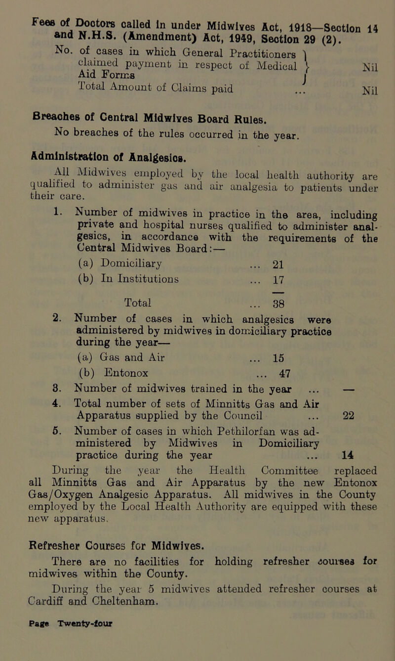 Fees of Dootors called In under Midwives Act, 1918—Section 14 and N.H.S. (Amendment) Act, 1949, Section 29 (2). No. of cases in which General Practitioners ) claimed payment in respect of Medical 1 Nil Aid Forms j Total Amount of Claims paid ... Nil Breaches of Central Mldwlyes Board Rules. No breaches of the rules occurred in the year. Administration of Analgesios. All Mid wives employed by the local health authority are qualified to administer gas and air analgesia to patients under their care. 1. Number of midwives in practice in the area, including private and hospital nurses qualified to administer anal- gesics, in accordance with the requirements of the Central Midwives Board: — (a) Domiciliary ... 21 (b) In Institutions ... 17 Total ... 38 2. Number of cases in which analgesics were administered by midwives in domiciliary practice during the year— (a) Gas and Air ... 15 (b) Entonox ... 47 3. Number of midwives trained in the year ... — 4. Total number of sets of Minnitts Gas and Air Apparatus supplied by the Council ... 22 5. Number of cases in which Pethilorfan was ad- ministered by Midwives in Domiciliary practice during the year ... 14 During the year the Health Committee replaced all Minnitts Gas and Air Apparatus by the new Entonox Gas/Oxygen Analgesic Apparatus. All midwives in the County employed by the Local Health Authority are equipped with these new apparatus. Refresher Courses for Midwives. There are no facilities for holding refresher courses for midwives within the County. During the year 5 midwives attended refresher courses at Cardiff and Cheltenham.