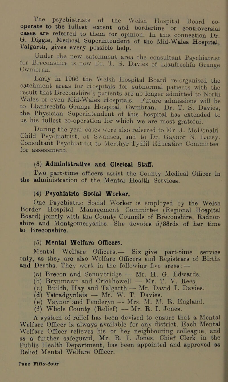 Ihe psychiatrists of the \\ eilsh Hospital lioard co- operate to the fullest extent and borderline or controversial cases are referred to them for opinion, in this connection iJr. (d. Higgle, Medical [Superintendent of the Mid-Wales Hospital, TalgartP, gives every possible help. Under the new catchment area the consultant Psychiatrist for Breconshire is now Dr. T. S. Davies of Llanlreclifa Grange Cwmbran. Barly in 1966 the \\ elsli Plospital Board re-organised the catchment areas lor Hospitals lor subnormal patients with the result that Breconshire s patients are no longer admitted to North Wales or even Mid-Wales Hospitals. Buture admissions will be to Blanfrechfa Grange Hospital, Cwmbran. Br. T. fc>. Davies, the Physician Superintendent of this hospital has extended to us his fullest co-operation for which we are most grateful. During the year cases were also referred to Mr. J. McDonald Child Psychiatrist, at Swansea, and to Dr. Gaynor N. Lacey. Consultant Psychiatrist to Merthyr Tydfil Education Committee for assessment. (3) Administrative and Clerical Staff. Two part-time officers assist the County Medical Officer in the administration of the Mental Health Services. (4) Psychiatric Social Worker. One Psychiatric Social Worker is employed by the Welsh Border Hospital Management Committee (Regional Hospital Board) jointly with the County Councils of Breconshire, Radnor- shire aud Montgomeryshire. She devotes 5/33rds of her time to Breconshire. (5) Mental Welfare Officers. Mental Welfare Officers.— Six give part-time service only, as they are also Welfare Officers and Registrars of Births and Deaths. They work in the following five areas: — (a) Brecon and Sennybridge — Mr. H. G. Edwards. (b) Brynmawr and Crickhowell — Mr. T. V. Rees. (c) Builth, Hay and Talgarth — Mr. David J. Davies. (d) Ystradgynlais — Mr. W. T. Davies. (e) Vaynor and Fendervn -- Mrs. M. M. R. England. (f) Whole County (Relief) — Mr. R. I. Jones. A system of relief has been devised to ensure that a Mental Welfare Officer is always available for any district. Each Mental Welfare Officer relieves his or her neighbouring colleague, and as a further safeguard, Mr. R. I. Jones, Chief Clerk in the Public Health Department, has been appointed and approved as Relief Mental Welfare Officer.