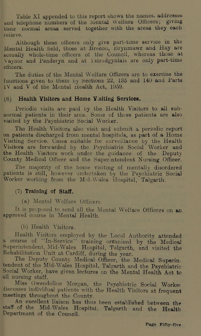 Table XI appended to this report shows the names, addresses and telephone numbers of the Mental vV elf are Officers; giving tneir normal areas served together with the areas they each relieve. Although these officers only give part-time service in the Mental Health held, those at Brecon, Brynmawr and Hay are actually whole-time officers of the Council, whereas those at Yaynor and Penderyn and at istradgynlais are only part-time officers. The duties of the Mental Welfare Officers are to exercise the functions given to them by Sections 22, 135 and 140 and Parts IV and V of the Mental Health Act, 1959. (6) Health Visitors and Home Y.siting Services. Periodic visits are paid by the Health Visitors to all sub- normal patients in their area. Some of these patients are also visited by the Psychiatric Social Worker. The Health Visitors also visit and submit a periodic report on patients discharged from mental hospitals, as part of a Home Visiting Service. Cases suitable for surveillance by the Health Visitors are forwarded by the Psychiatric Social Worker and the Health Visitors work under the guidance of the Deputy County Medical Officer and the Superintendent Nursing Officer. The majority of the home visiting of mentally disordered patients is still, however undertaken by the Psychiatric Social Worker working from the Mid-Wales Hospital, Talgarth. (7) Training of Staff. (a) Mental Welfare Officers. It is proposed to send all the Mental Welfare Officers on an approved course in Mental Health. (b) Health Visitors. Health Visitors employed by the Local Authority attended a course of “In-Service” training organised by the Medical Superintendent, Mid-Wales Hospital, Talgarth, and visited the Rehabilitation Unit at Cardiff, during the year. The Deputy County Medical Officer, the Medical Superin- tendent of the Mid-Wales Hospital, Talgarth and the Psychiatric Social Worker, have given lectures on the Mental Health Act to alt nursing staff. Miss Gwendoline Morgan, the Psychiatric Social Workei discusses individual patients with the Health Visitors at frequent meetings throughout the County. An excellent liaison has thus been established between the staff of the MidAVales Hospital, Talgarth and the Health Department of the Council.