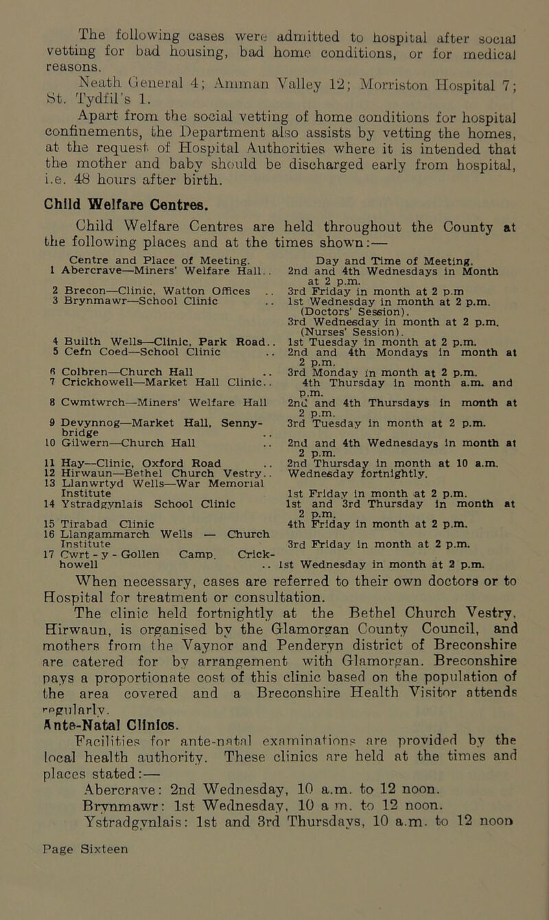 The following cases were admitted to hospital after social vetting for bad housing, bad home conditions, or for medical reasons. Neath General 4; Amman Valley 12; Morriston Hospital 7; St. Tydfil's 1. Apart- from the social vetting of home conditions for hospital confinements, the Department also assists by vetting the homes, at- the request of Hospital Authorities where it is intended that the mother and baby should be discharged early from hospital, i.e. 48 hours after birth. Child Welfare Centres. Child Welfare Centres are held throughout the County at the following places and at the times shown:— Centre and Place of Meeting. 1 Abercrave—Miners’ Welfare Hall.. 2 Brecon—Clinic. Watton Offices 3 Brynmawr—School Clinic 4 Builth Wells—Clinic, Park Road.. 5 Cefn Coed—School Clinic 6 Colbren—Church Hall 7 Crickhowell—Market Hall Clinic.. 8 Cwmtwrch—Miners' Welfare Hall 9 Devynnog—Market Hall, Senny- bridge 10 Gilwern—Church Hall 11 Hay—Clinic, Oxford Road 12 Hirwaun—Bethel Church Vestry.. 13 Llanwrtyd Wells—War Memorial Institute 14 Ystradgynlais School Clinic 15 Tirabad Clinic 16 Llangammareh Wells •— Church Institute 17 Cwrt - y - Gollen Camp. Crick- howell .. 1st Wednesday in month at 2 p.m. When necessary, cases are referred to their own doctors or to Hospital for treatment or consultation. The clinic held fortnightly at the Bethel Church Vestry. Hirwaun, is organised by the Glamorgan County Council, and mothers from the Vaynor and Penderyn district of Breconshire are catered for bv arrangement with Glamorgan. Breconshire pays a proportionate cost of this clinic based on the population of the area covered and a Breconshire Health Visitor attends rpgularlv. Ante-Natal Clinics. Facilities for ante-natal examinations are provided by the local health authority. These clinics are held at the times and places stated:— Abercrave: 2nd Wednesday, 10 a.m. to 12 noon. Brynmawr: 1st Wednesday, 10 am. to 12 noon. Ystradgynlais: 1st and 3rd Thursdays, 10 a.m. to 12 noon Day and Time of Meeting. 2nd and 4th Wednesdays in Month at 2 p.m. 3rd Friday in month at 2 p.m 1st Wednesday in month at 2 p.m. (Doctors’ Session). 3rd Wednesday in month at 2 p.m. (Nurses’ Session). 1st Tuesday in month at 2 p.m. 2nd and 4th Mondays in month at 2 p.m. 3rd Monday in month at 2 p.m. 4th Thursday in month a.m. and p.m. 2nd and 4th Thursdays in month at 2 p.m. 3rd Tuesday in month at 2 p.m. 2nd and 4th Wednesdays in month at 2 p.m. 2nd Thursday in month at 10 a.m. Wednesday fortnightly. 1st Friday in month at 2 p.m. 1st and 3rd Thursday in month at 2 p.m. 4th Friday in month at 2 p.m. 3rd Friday in month at 2 p.m.