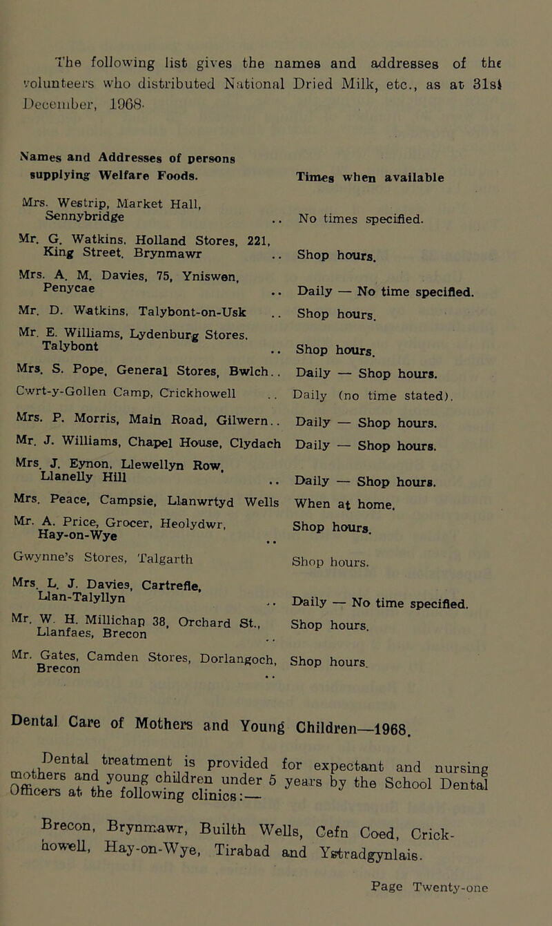 The following list gives the names and addresses of the volunteers who distributed National Dried Milk, etc., as at 31si December, 1908- Names and Addresses of persons supplying Welfare Foods. Times when available Mrs. Westrip, Market Hall, Sennybridge No times specified. Mr. G. Watkins. Holland Stores, 221, King Street. Brynmawr Shop hours. Mrs. A. M. Davies, 75, Yniswen, Penycae Daily — No time specified. Mr. D. Watkins, Talybont-on-Usk Shop hours. Mr. E. Williams, Lydenburg Stores, Talybont Shop hours. Mrs. S. Pope. General Stores, Bwlch.. Daily — Shop hours. Cwrt-y-Gollen Camp, Crickhowell Daily (no time stated). Mrs. P, Morris, Main Road, Gilwern.. Daily — Shop hours. Mr. J. Williams, Chapel House, Clydach Daily — Shop hours. Mrs. J. Eynon, Llewellyn Row Llanelly Hill Daily — Shop hours. Mrs. Peace, Campsie, Llanwrtyd Wells When at home. Mr. A. Price, Grocer, Heolydwr, Hay-on-Wye Shop hours. Gwynne’s Stores, Talgarth Shop hours. Mrs. L. J. Davies, Cartrefle, Llan-Talyllyn Daily — No time specified. Mr. W. H. Millichap 38, Orchard St., Llanfaes, Brecon Shop hours. Mr. Gates, Camden Stores, Dorlangoch Brecon Shop hours. Dental Care of Mothers and Young Children—1968. Dental treatment is provided mothers and young children under 5 Officers at the following clinics: for expectant and nursing years by the School Dental Brecon, Brynmawr, Builth Wells, Cefn Coed, Crick- no we 11, Hay-on-Wye, Tirabad and Ystradgynlais.