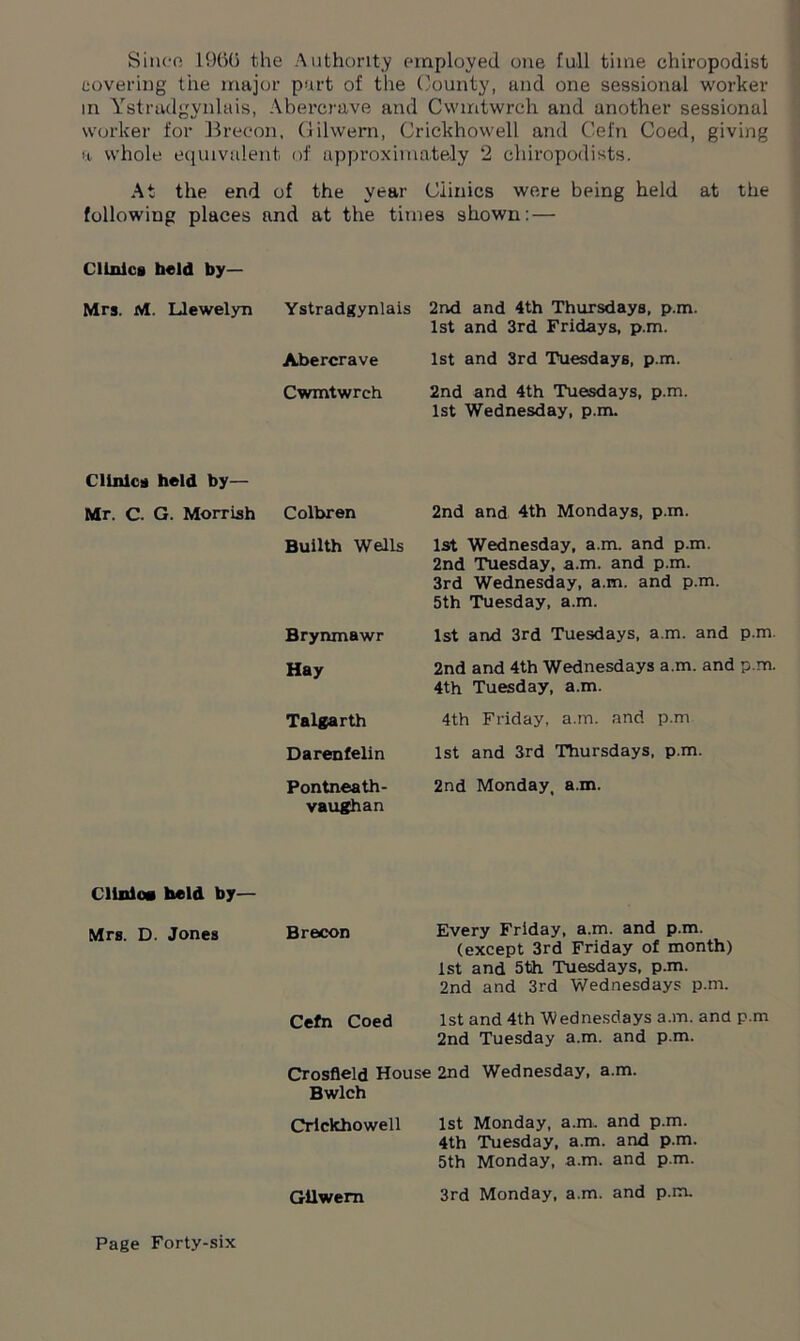 Since 1900 the Authority employed one full time chiropodist covering tiie major part of the County, and one sessional worker in Ystradgynlais, Abercrave and Cwmtwrch and another sessional worker for Brecon, Gilwern, Crickhowell and Cefn Coed, giving a whole equivalent of approximately 2 chiropodists. At the end of the year Clinics were being held at the following places and at the times shown: — Clinics held by- Mrs. M. Llewelyn Ystradgynlais 2nd and 4th Thursdays, p.m. 1st and 3rd Fridays, p.m. Abercrave 1st and 3rd Tuesdays, p.m. Cwmtwrch 2nd and 4th Tuesdays, p.m. 1st Wednesday, p.m. Clinics held by— Mr. C. G. Morrish Colbren 2nd and 4th Mondays, p.m. Builth Wells 1st Wednesday, a.m. and p.m. 2nd Tuesday, a.m. and p.m. 3rd Wednesday, a.m. and p.m. 5th Tuesday, a.m. Brynmawr 1st and 3rd Tuesdays, a.m. and p.m. Hay 2nd and 4th Wednesdays a.m. and p.m. 4th Tuesday, a.m. Talgarth 4th Friday, a.m. and p.m Darenfelin 1st and 3rd Thursdays, p.m. Pontneath- vaughan 2nd Monday, a.m. Cllnloa held by— Mrs. D. Jones Brecon Every Friday, a.m. and p.m. (except 3rd Friday of month) 1st and 5th Tuesdays, p.m. 2nd and 3rd Wednesdays p.m. Cefn Coed 1st and 4th Wednesdays a.m. and p.m 2nd Tuesday a.m. and p.m. Crosfleld House 2nd Wednesday, a.m. Bwlch Crickhowell 1st Monday, a.m, and p.m. 4th Tuesday, a.m. and p.m. 5th Monday, a.m. and p.m. Gllwem 3rd Monday, a.m. and p.m.