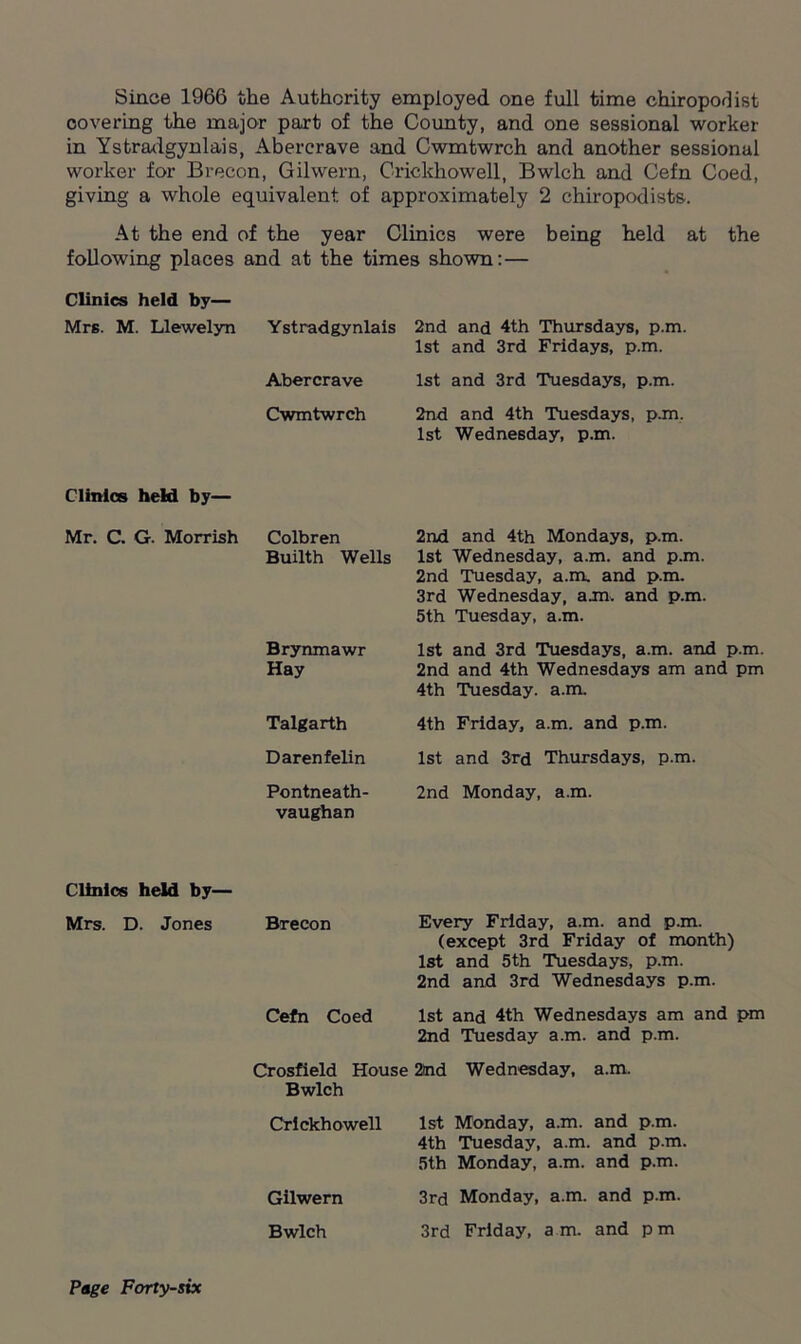Since 1966 the Authority employed one full time chiropodist covering the major part of the County, and one sessional worker in Ystradgynlais, Abercrave and Cwmtwrch and another sessional worker for Brecon, Gilwern, Crickhowell, Bwlch and Cefn Coed, giving a whole equivalent of approximately 2 chiropodists. At the end of the year Clinics were being held at the following places and at the times shown:— Clinics held by— Mrs. M. Llewelyn Ystradgynlais Abercrave Cwmtwrch Clinics held by— Mr. C. G. Morrish Colbren Builth Wells Brynmawr Hay Talgarth Darenfelin Pontneath- vaughan Clinics held by— Mrs. D. Jones Brecon Cefn Coed Crosfield House Bwlch Crickhowell Gilwern Bwlch 2nd and 4th Thursdays, p.m. 1st and 3rd Fridays, p.m. 1st and 3rd Tuesdays, p.m. 2nd and 4th Tuesdays, p.m. 1st Wednesday, p.m. 2nd and 4th Mondays, p.m. 1st Wednesday, a.m. and p.m. 2nd Tuesday, a.m, and p.m. 3rd Wednesday, am. and p.m. 5th Tuesday, a.m. 1st and 3rd Tuesdays, a.m. and p.m. 2nd and 4th Wednesdays am and pm 4th Tuesday, a.m. 4th Friday, a.m. and p.m. 1st and 3rd Thursdays, p.m. 2nd Monday, a.m. Every Friday, a.m. and p.m. (except 3rd Friday of month) 1st and 5th Tuesdays, p.m. 2nd and 3rd Wednesdays p.m. 1st and 4th Wednesdays am and pm 2nd Tuesday a.m. and p.m. 2nd Wednesday, a.m. 1st Monday, a.m. and p.m. 4th Tuesday, a.m. and p.m. 5th Monday, a.m. and p.m. 3rd Monday, a.m. and p.m. 3rd Friday, am. and pm