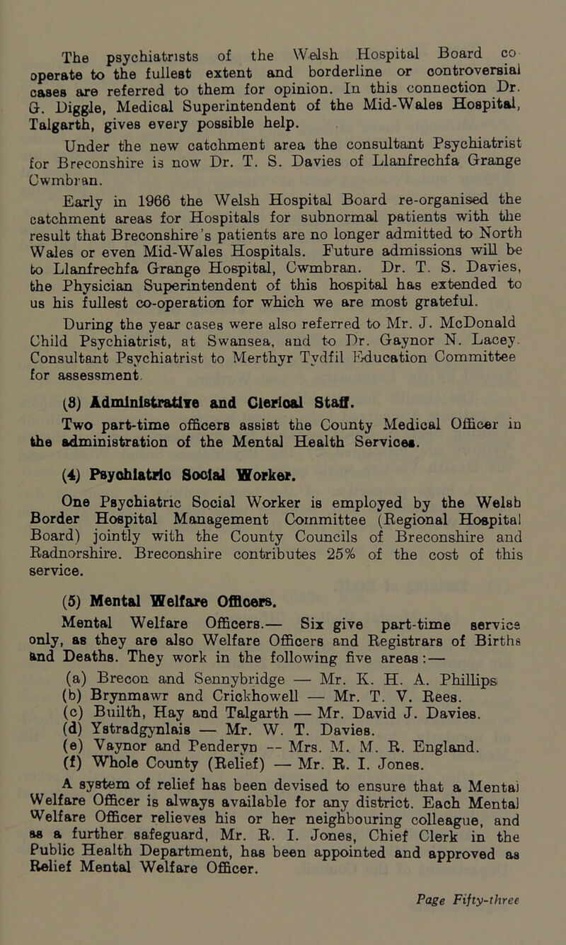 The psychiatrists of the Welsh Hospital Board co operate to the fullest extent and borderline or controversial cases are referred to them for opinion. In this connection Dr. G. Diggle, Medical Superintendent of the Mid-Wales Hospital, Talgarth, gives every possible help. Under the new catchment area the consultant Psychiatrist for Breconshire is now Dr. T. S. Davies of Llanfrechfa Grange Cwmbran. Early in 1966 the Welsh Hospital Board re-organis>ed the catchment areas for Hospitals for subnormal patients with the result that Breconshire’s patients are no longer admitted to North Wales or even Mid-Wales Hospitals. Future admissions will he to Llanfrechfa Grange Hospital, Cwmbran. Dr. T. S. Davies, the Physician Superintendent of this hospital has extended to us his fullest co-operation for which we are most grateful. During the year cases were also referred to Mr. J. McDonald Child Psychiatrist, at Swansea, and to Dr. Gaynor N. Lacey. Consultant Psychiatrist to Merthyr Tydfil Education Committee for assessment. (8) Administrative and Clerlo&l Staff. Two part-time officers assist the County Medical Officer in the administration of the Mental Health Service*. (4) Psychiatric Social Worker. One Psychiatric Social Worker is employed by the Welsh Border Hospital Management Committee (Regional Hospital Board) jointly with the County Councils of Breconshire and Radnorshire. Breconshire contributes 25% of the cost of this service. (5) Mental Welfare Officers. Mental Welfare Officers.— Six give part-time service only, as they are also Welfare Officers and Registrars of Births and Deaths. They work in the following five areas : — (a) Brecon and Sennybridge — Mr. K. H. A. Phillips (b) Brynmawr and Crickhowell — Mr. T. V. Rees. (c) Builth, Hay and Talgarth — Mr. David J. Davies. (d) Ystradgynlais — Mr. W. T. Davies. (e) Vaynor and Penderyn — Mrs. M.. M. R. England. (f) Whole County (Relief) — Mr. R. I. Jones. A system of relief has been devised to ensure that a Mental Welfare Officer is always available for any district. Each Mental Welfare Officer relieves his or her neighbouring colleague, and as a further safeguard, Mr. R. I. Jones, Chief Clerk in the Public Health Department, has been appointed and approved as Relief Mental Welfare Officer.