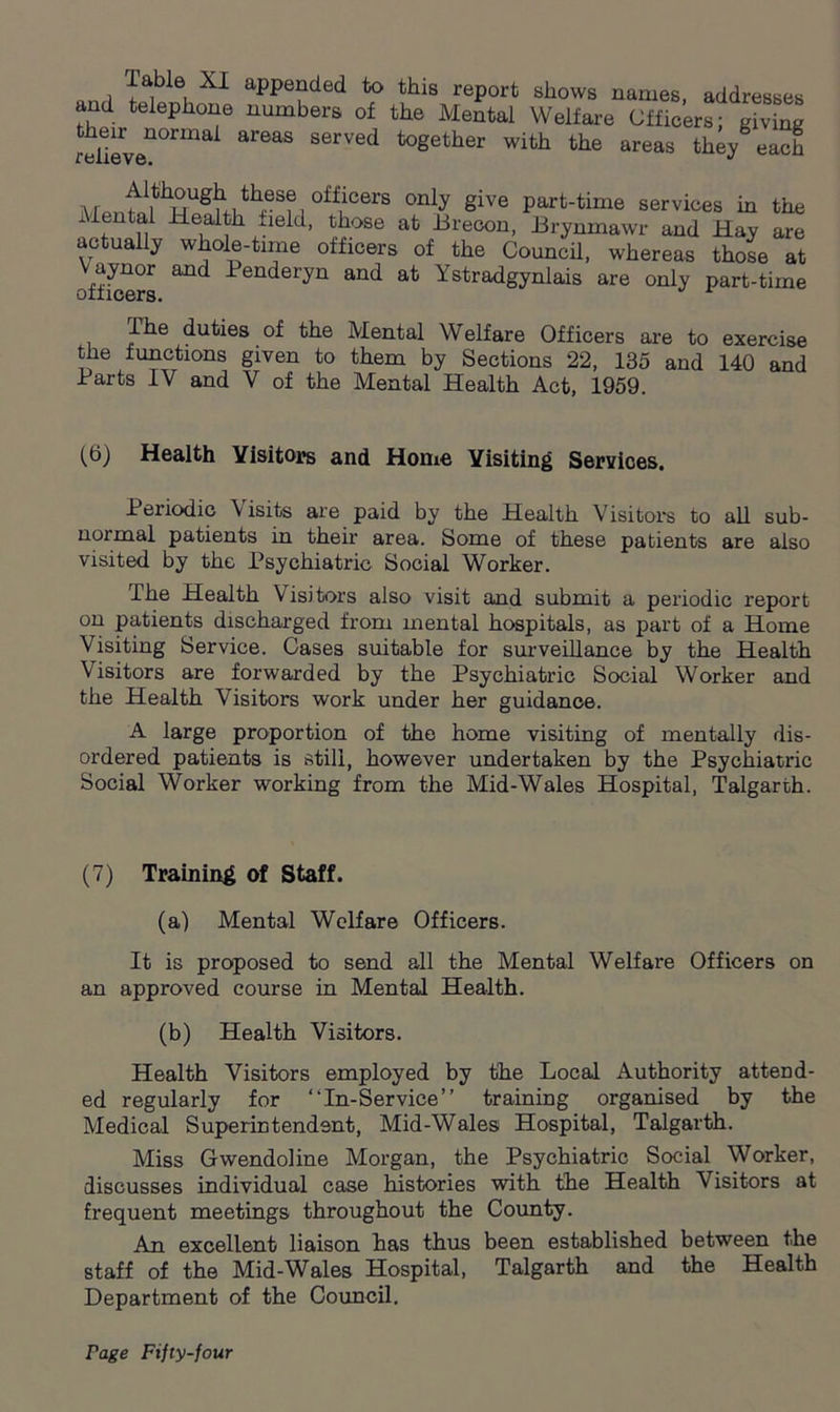 Table XI and telephone their normal relieve. appended to this report shows names, addresses numbers of the Mental Welfare Officers; giving areas served together with the areas they each AI 5 m ^ i oif1lcers only §ive part-time services in the Mental Health field, those at Brecon, Brynmawr and Hay are actually whole-time officers of the Council, whereas those at Vaynor and Penderyn and at Ystradgynlais are only part-time The duties of the Mental Welfare Officers are to exercise the functions given to them by Sections 22, 135 and 140 and Parts IV and V of the Mental Health Act, 1959. (6) Health Visitors and Home Visiting Services. Periodic \isits are paid by the Health Visitors to all sub- normal patients in their area. Some of these patients are also visited by the Psychiatric Social Worker. The Health Visitors also visit and submit a periodic report on patients discharged from mental hospitals, as part of a Home Visiting Service. Cases suitable for surveillance by the Health Visitors are forwarded by the Psychiatric Social Worker and the Health Visitors work under her guidance. A large proportion of the home visiting of mentally dis- ordered patients is still, however undertaken by the Psychiatric Social Worker working from the Mid-Wales Hospital, Talgarth. (7) Training of Staff. (a) Mental Welfare Officers. It is proposed to send all the Mental Welfare Officers on an approved course in Mental Health. (b) Health Visitors. Health Visitors employed by the Local Authority attend- ed regularly for “In-Service” training organised by the Medical Superintendent, Mid-Wales Hospital, Talgarth. Miss Gwendoline Morgan, the Psychiatric Social Worker, discusses individual case histories with the Health Visitors at frequent meetings throughout the County. An excellent liaison has thus been established between the staff of the Mid-Wales Hospital, Talgarth and the Health Department of the Council.