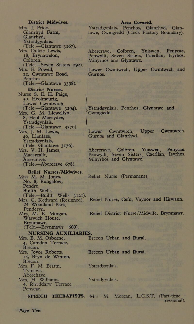 District Midwives. Mrs. J. Price. Glanrhyd Farm, Glanrhyd, Ystradgynlais. (Tele.—Glantawe 3167). Mrs. Dulcie Lewis, 18, Brynawelon, Colbren. (Tele.—Seven Sisters 292). Mrs. E. Powell, 22, Cwmtawe Road, Penrhos. (Tele.—Glantawe 3398). District Nurses. Nurse S. E. H. Paige, 30, Heolmeurig, Lower Cwmtwrch. (Tele.—Glantawe 3294). Mrs. G. M. Llewellyn, 8, Heol Maesydre, Ystradgynlais. (Tele.—Glantawe 3370). Mrs. J. M. Lewis, 40, Llanfaes, Ystradgynlais, (Tele. Glantawe 3176). Mrs. V. H. James, Maesyrallt, Abercrave. (Telej—Abercrave 678). Area Covered. Ystradgynlais, Penrhos, Glanrhyd, Glan- tawe, Cwmgiedd (Clock Factory Boundary). Abercrave, Colbren, Yniswen, Penycae, Penwyllt, Seven Sisters, Caerllan, Isyrhos. Minyrhos and Glyntawe. Lower Cwmtwrch, Upper Cwmtwrch and Gumos. Ystradgynlais, Penrhos, Glyntawe and Cwmgiedd. Lower Cwmtwrch, Upper Cwmtwrch. Gurnos and Glanrhyd. Abercrave, Colbren, Yniswen. Penycae, Penwyllt, Seven Sisters. Caerllan, Isyrhos. Minyrhos and Glyntawe. Relief Nurses/Midwives. Miss M. M. Jones, Relief Nurse (Permanent). No. 8, Bungalow, Pendre, Builth Wells. (Tele.—Builth Wells 3121). Mrs. G. Kedward (Resigned), Relief Nurse, Cefn, Vaynor and Hiiwaun. 24 Woodland Park. Penderyn. Mrs. M. E. Morgan, Relief District Nurse/Midwife, Brynmawr. Warwick House, Brynmawr. (Tele.—Brynmawr 600). NURSING AUXILIARIES. Mrs. B. M. Osborne, 4, Camden Terrace, Brecon. Mrs. Joyce Roberts, 15, Bryn de Winton, Brecon. Mrs. F. M. Brattn, Tvmawr, Aberchave. Mrs. H. Williams, 4, Rhvddarw Terrace. Penycae. Brecon Urban and Rural. Brecon Urban and Rural. Ystradgynlais. Ystradgynlais. SPEECH THERAPISTS. Mrs M. Morgan. L.C.S.T. (Part-time - sessional).