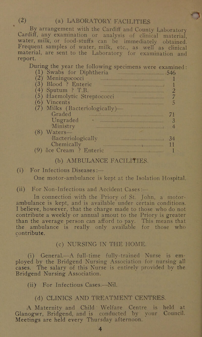 o (2) (a) LABOiRATOa^Y. FAClLlTlEiS By arrangement \yith the Cardifif and County Laboratory Cardiff, any examination or analysis of clinical material, water, milk, or lood-stuffs can he immediately obtained. Frequent samples of water, milk, etc., as well as clinicai material, are sent to the Laboratory for examination and report. During the year the following specimens were examined: (1) Swaibs for Diphtheria 546 (2) ' Meningoicoicci : - 1 (3) Blood ? Enteric ,. 1 (4) iSpu'tum ? T.B 2 (5) iHaemolyitic Streptococci 7 (6) Vincenlts j 5 (7) 'Milks (Bac-teriologically)— Graded , 71 Ungraded • , 3 Ministry j 4 (8) Waiters— ■Baciteriologically ■ j 34 iChemically 11 (9) lice Cream '? Enteric .i ■- 1 (b) AMBULANCE FACILITIES. (i) For Infectious Diseases:— One motor-ambulance is kept at the Isolation Hospital. (ii) For Non-Infectious and Accident Cases:— In connection with the Priory of St. John, a motor- ambulance is kept, and is available under certain conditions. I believe, however, that the charge made to those who do not contribute a weekly or annual amout to the Priory is greater than the average person can afford to pay. This means that the ambulance is really only available for those who contribute. (c) NURSING IN THE ITOME. (i) General.—A full-time fully-trained Nurse is em- ployed by the Bridgend Nursing Association for nursing all cases. The salary of this Nurse is entirely provided by the Bridgend Nursing Association. (ii) For Infectious Cases.—^Nil. (d) CLINICS AND TR'E.ATMENT CENTRES. A Maternity and Child Welfare Centre is held at Glanogwr, Bridgend, and is conducted by your Council. Meetings are held every Thursday afternoon.