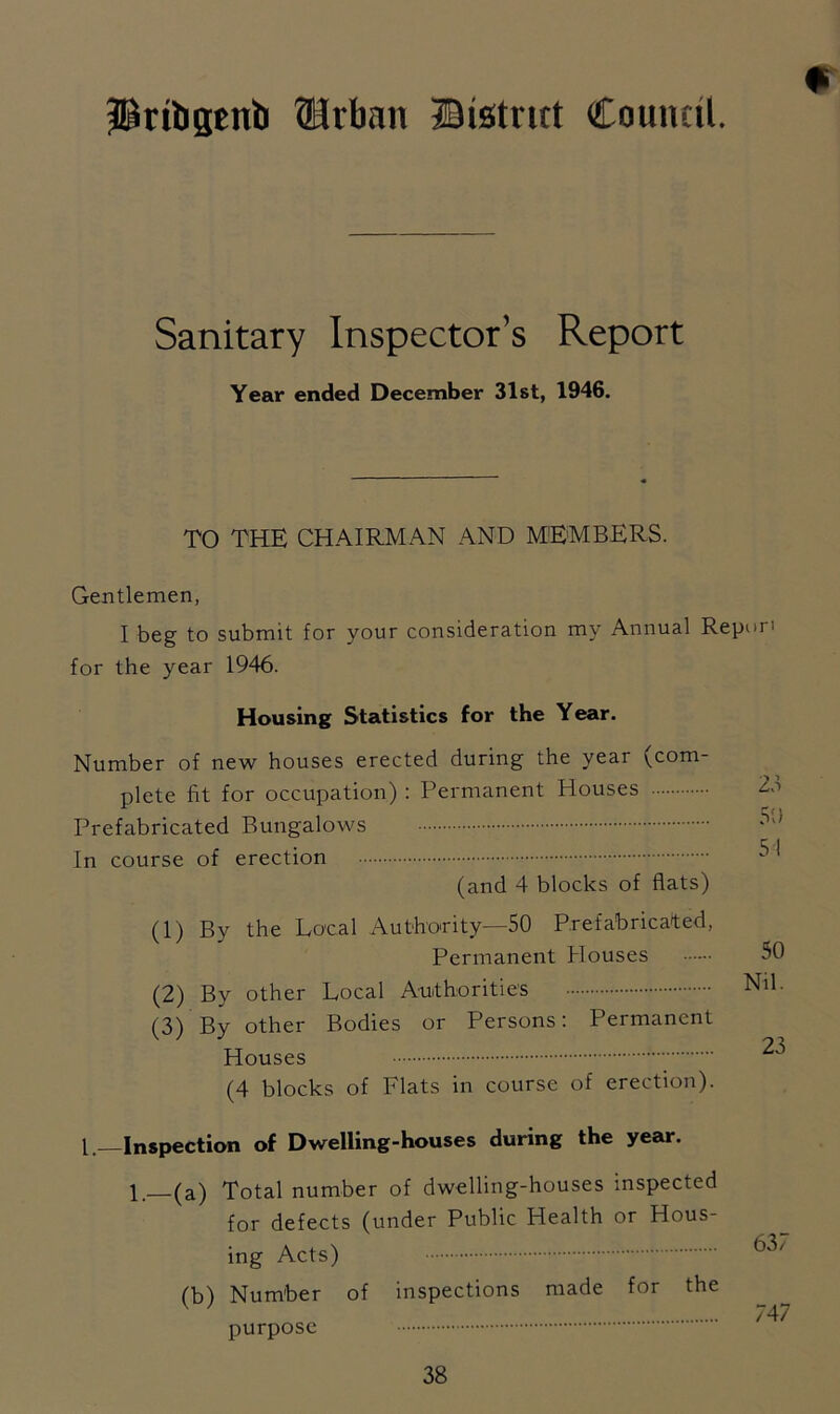 |@rtbs*ni)i ®rban Bistrut Council. Sanitary Inspector’s Report Year ended December 31st, 1946. TO THE CHAIRMAN AND MEMBERS. Gentlemen, I beg to submit for your consideration my Annual Repi>ri for the year 1946. Housing Statistics for the Year. Number of new houses erected during the year (com- plete fit for occupation) : Permanent Houses Prefabricated Bungalows In course of erection (and 4 blocks of flats) (1) By the Local Authority—50 Prefabricated, Permanent Houses (2) By other Local Authorities (3) By other Bodies or Persons: Permanent Houses (4 blocks of Flats in course of erection). 23 50 51 50 Nil. 23 L—Inspection of Dwelling-houses during the year. —(a) Total number of dwelling-houses inspected for defects (under Public Health or Hous- ing Acts) (b) Number of inspections made for the purpose