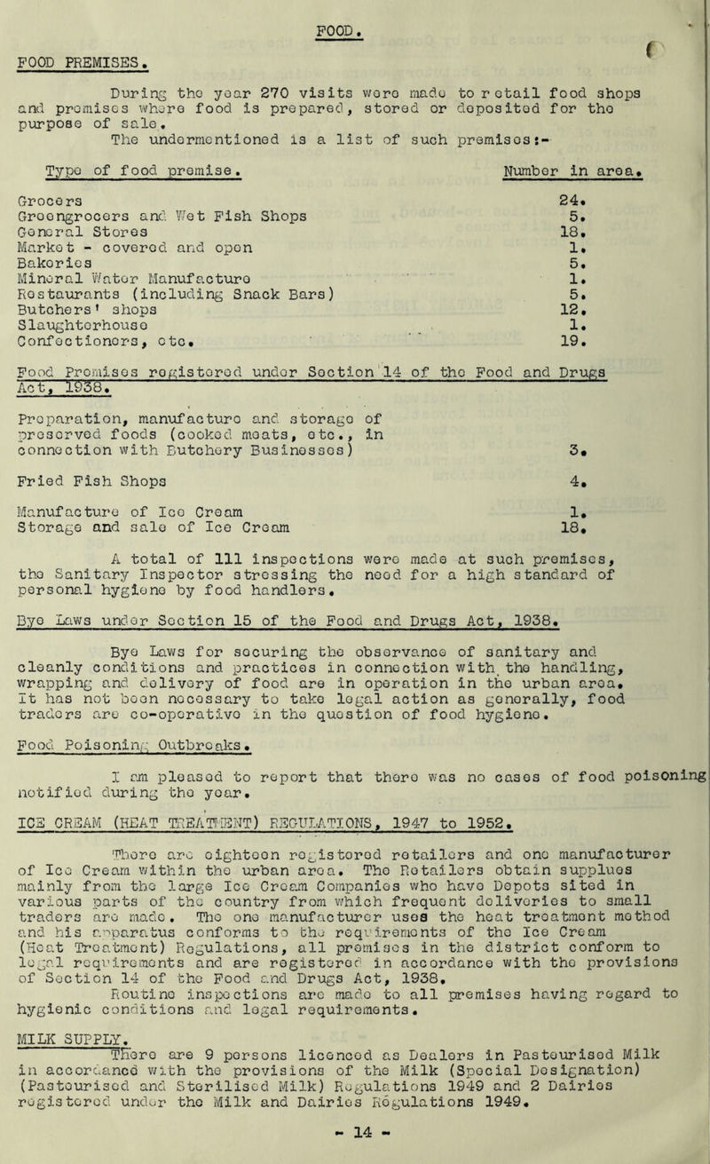FOOD ( FOOD PREMISES. During tho yoar 270 visits wore madu to retail food shops and premises where food is prepared, stored or deposited for tho purpose of sale* The undermentioned is a list of such premises Type of food premise. Number in area* Grocers 24* Groongrocers and Wet Fish Shops 5. General Stores 18. Market - covered and open 1. Bakories 5. Mineral Water Manufacture 1. Restaurants (including Snack Bars) 5. Butchers’ 3hops 12, Slaughterhouse 1. Confectioners, etc, ' ' ’ 19. Food Premises registered undor Section 14 of the Food and Drugs Act, 1958. Preparation, manufacture and storago of preserved foods (cooked meats, etc., in connection with Butchery Businesses) 3* Fried Fish Shops 4. Manufacture of Ice Cream 1. Storage and sale of Ice Cream 18, A total of 111 inspections were made at such premises, tho Sanitary Inspector stressing the need for a high standard of personal hygiene by food handlers. Bye Laws under Section 15 of the Food and Drugs Act, 1938, Bye Laws for socuring the observance of sanitary and cleanly conditions and practices in connection with. tho handling, wrapping and delivery of food are in operation in the urban aroa. It has not boon necessary to take legal action as generally, food traders are co-operativo in the quostion of food hygieno. Fo od Pois oning Qutbro aks, I am pleasod to report that there was no cases of food poisoning notified during tho yoar. ICE CREAM (HEAT IREaWcNT) REGULATIONS, 1947 to 1952, There are oighteon registered retailers and one manufacturer of Ice Cream within the urban aroa. Tho Retailers obtain supplues mainly from the large Ice Cream Companies who have Depots sited in various parts of the country from which frequent deliveries to small traders are made. Tho one manufacturer uses the heat treatment mothod and his anparatus conforms to the requirements of tho Ice Cream (Heat Treatment) Regulations, all promises in the district conform to legal requirements and are registered in accordance with the provisions of Section 14 of the Food and Drugs Act, 1938. Routine inspections are made to all premises having regard to hygienic conditions and legal requirements. MILK SUPPLY. There are 9 persons licenced as Dealers in Pasteurised Milk in accordances with tho provisions of the Milk (Spocial E)osignation) (Pa3tourised and Sterilised Milk) Regulations 1949 and 2 Dairies registered under tho Milk and Dairies Regulations 1949.