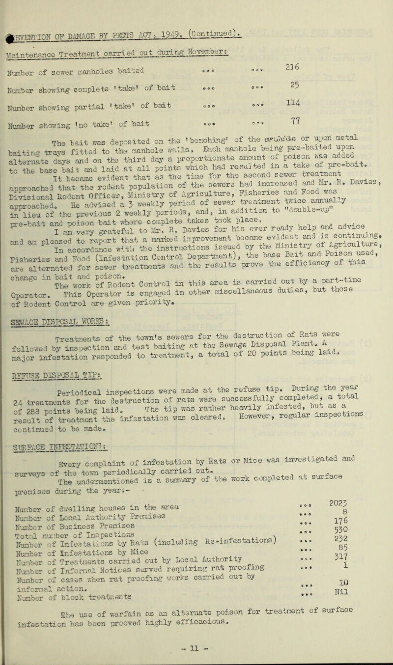 EVEHTION OF DAMACE 3Y PESTS ACT, 1949»_/,OgjitimejLL Maintenance Treatment carried out dur-un^^^ Number of sewer manholes baited 0 e 0 Number showing complete ’take* of bait 0«c Number showing partial ’take* of bait 000 23.6 25 114 77 Number showing 'no take5 of bait 00* 0''e The bait was deposited on the 'benching5 of the mfuholte or upon metal baitin^ trays fitted to the manhole walls. Each manhole being pre-bai ,e upon alternate days and on the third day a proportionate amount Ox poison was adcf to the base bait and laid at all points which had resujted in a .ake oi pre- It became evident that as the time for the second sewer ^r®at°en^ approached that the rodent population of the sewers had increased and Mr. h. Divisional Rodent Officer, Ministry of Agriculture, Fisheries and Food was approached« He advised a 5 weekly period of sewer treatment twice annual^ in lieu of the previous 2 weekly periods, and, m addition o < ouo. e up pre-bait and poison bait where complete takes took place * ndvice I an very grateful to Mr, R, Davies for his ever ready help and advice. ^3 an leased to report that a marked improvement became evident and is continuing, and am pw, tu ,he instructions issued by the Ministry of Agriculture, Fisheries Sd*Tood (infestation Control Department), the base Bait and are alternated for sewer treatments and the results prove the efficiency oi th change m Control in this area is carried out by a part-time Operator. This Operator is engaged in other miscellaneous duties, but those cf Rodent Control are given priority. S5V/ACE DISPOSAL WORKS $ Treatments of the town's sewers for the destruction of Rats were fol1 ov/ed by inspection and test baiting at the Sewage Disposal Pian . major infestation responded to treatment, a total of ^0 points being lai , REFUSE DISPOSAL TIPs Periodical inspections were made at the refuse tip. During the yeax 2A treatments for the destruction of rate were successfully competed, a toe nf 283 mints being laid. The tip was rather heavily infested, but as a result of treatment the infestation was cleared. However, regular inspections continued to be made0 SURFACE INI^_TATI^oj_ Every complaint of infestation by Rats or Mice was investigated and surveys of the town periodically carried oai„ , . The undermentioned is a summary of the work completed at su_xa premises during the year;- Number of dwelling houses in the area Number of Local Authority Premises Number of Business Premises Total number of Inspections Number of Infestations by Rats (including Re-infestations Number of Infestations by Mice Number of Treatments carried out by Local Authority Number of Informal Notices served requiring rat proofing Number of cases when rat proofing works carried out by ) infernal action. Number of block treatments ooo ft • o * © • o o o • i 4 ft © • Ob* ft ft ft ft ft O ft ft o 2025 3 176 530 252 85 317 I IQ Nil Khe use of warfain as an alternate poison for treatment of surface infestation has been prooved highly efficacious.