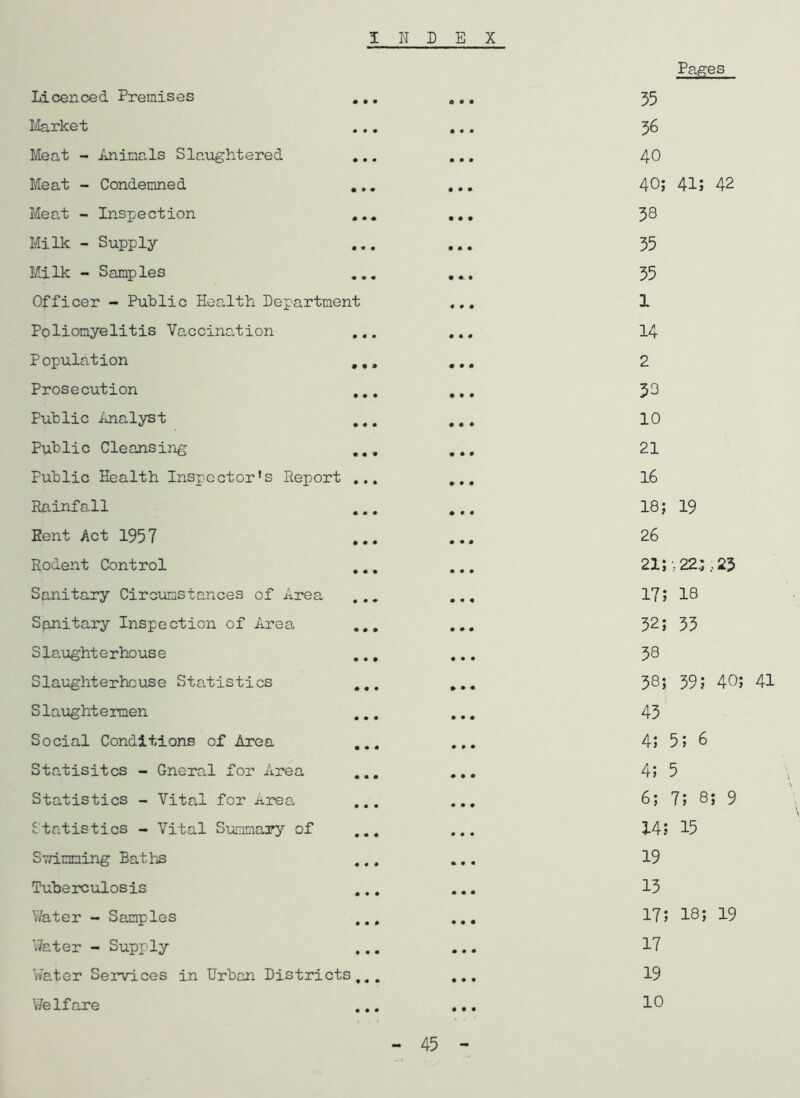 Licenced Premises . Market Meat - Animals Slaughtered . Meat - Condemned . Meat - Inspection Milk - Supply . Milk - Samples Officer - Public Health Department Poliomyelitis Vaccination Population . Prosecution Public Analyst Public Cleansing . Public Health Inspector's Report . Rainfall Sent Act 1957 . Rodent Control . Sanitary Circumstances of Area Sanitary Inspection of Area, S la.ught e rhous e Slaughterhouse Statistics . Slaughtermen Social Conditions of Area Statisitcs - Gneral for Area . Statistics - Vital for Area, Statistics - Vital Summary of S Tinning Baths Tuberculosis Water - Samples Water - Supply Water Services in Urban Districts, Welfare Pages 55 36 40 40; 41; 42 38 35 35 1 14 2 33 10 21 16 18; 19 26 21; ,22.; . 23 17; 18 32; 33 38 38; 39; 40; 41 43 4; 5; 6 4; 5 6; 7; 8; 9 14; 15 19 13 17; 18; 19 17 19 10