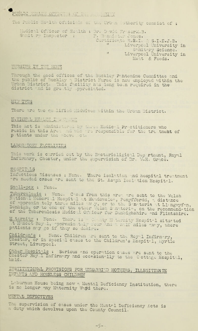 Y.C I j if 1 „ lice r of Health % Dr. J .vid Fr .sor* t o a . nsp- c tor s TP i 0 3- nnia t .-1' o 0110 s. r\ 0 rt ii ic a te R.S. T ± c 0, S.I.E.J.B. n Liver pc ol University in 3 a ni tar ■y Science. it Liver po ol University in Meat & Foods. RSIUG I IT THE KOI IF Through the good offices of the Buckley Pantomime Committee and the public of Buckley a District !Turse is now employed within the ■Urban. District. This facility has long been required in the district and is gro .tly ...pprociated. MID IVES There are tao qu-.lified Midvives a-ithin the Urban District. NY TIONAL Thi ict is administer i c r - Medic.- 1 Pr ctitioners reside in tliis Are . .ad who • re responsible for the tre p tients under the above . ct. who .tmeiat of LABOR .TORY FACILITIES This work Infirmary, is carried out by the Bacterioligical Deo rtment, Royal Chester, under the supervisioh of Dr. T/.H. Grace. HCoPx I -j-iB Infectious Diseases ; Hone, '■■re needed c.^s^s •'re sent to Snn 11-pox ; Tone. Where isolation and hospital treatment the 3t. Asaph Isoltion Hospital. Tuberculosis Non? Cas^s from this area are sent to the Welsh .. .tion .1 Yemeni .1 Hospit .1 -at Meadowsle-, Ponyffordd, a distance or '•opromm tely three miles aw.y, or to the San-atoria .t Llungwyfan, -or to orY 0j- the oilier. .Ylsn Sanatoria, on the recommend-tion «ne Tuoorculosis Medic .1 Ofiicor for Denbighshire and Flintshire. M..ternity : None. Then- is -t Mancot Roy 1, -pproxin .t .1. patients may go if' they so dc .my M it .ana Tiity Hospit'’! situated half miles iway, where we .X. _ o —^—YfhU_!..•_ hone. Children .re sent to the Royal Infirmary. Cnest_.r, or speci al cases to the Children's Hospital, Myrtle otreut, Liverpool. hospitals i. Serious and operation c iscs arc Sunt to the ones ter Roy..l Infirm- ry and occasionally to the Cottage Hospital, Mold. ^ 5 provisions for unmarried mothers, illegitimate IUF'.YTS AND HOMELESS CHILDREN ._j .j-arnin House oeing now a Mental Deficiency Institution, there is no longer any Maternity Wn#d there. I’YINTtL DEFECTIVES TriJ supervision of cases under the Mental Deficiency Acts is a duty which devolves upon the County Council.