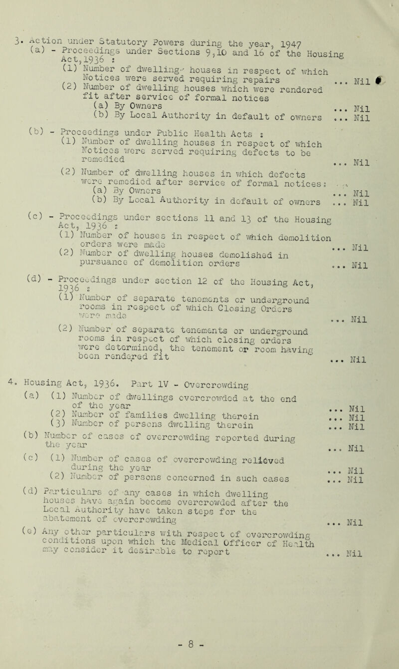 3» action under Statutory Powers during the year, 1947 (a) - Proceedings under Sections 9,10 and 16 of the Housing Ac tj1936 2 (1) Number of dwelling-- houses in respect of which Notices were served requiring repairs (2) Number of dwelling houses which were rendered lit after service of formal notices (a) By Owners (b) By Local Authority in default of owners 0. (b) - Proceedings under Public Health Acts s (1) Number of dwelling houses in respect of which Notices were served requiring defects to be remedied • 0 < (2) Number of dwelling houses in which defects were remedied after service of formal notices; (a) By Owners (b) By Local Authority in default of owners ’! (c) (d) Proceedings under sections 11 and 13 of the Housing Ac t? 193^ * (1) Number 01 houses in respect of which demolition orders were made (2) Number of dwelling houses demolished in pursuance of demolition orders o^dings under section 12 of the Housing Act (Number ol separate tenements or underground rooms in respect of which Closing Orders were made (2) Number ol separate tenements or underground rooms in respect of which closing orders were determined, the tenement or room having been rendered fit 000 a * • 4o Housing Act? 1936° Part IV - Overcrowding (a) (1) Number of dwellings overcrowded at the end of the year (2) Number of families dwelling therein (3) Number of persons dwelling therein (b) Number of cases of overcrowding reported during the year (c) (1) Number of cases of overcrowding relieved during the year (2) Number of persons concerned in such cases (d) Particulars of any cases in which dwelling houses have again become overcrowded after the Local Authority have taken steps for the abatement of overcrowding (v-) Any other particulars with respect of overcrowding conditions upon which the Medical Officer of Health may consider it desirable to report . Nil # . Nil . Nil . Nil . Nil , Nil Nil Nil Nil Nil Nil Nil Nil Nil Nil Nil Nil Nil